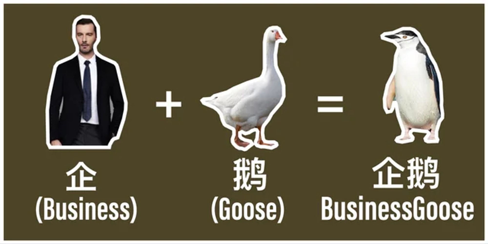 A man in a suit with text business + a goose = business-goose