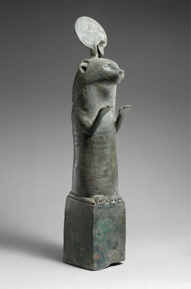  On view at The Met Fifth Avenue in Gallery 134

During the Late Period and Ptolemaic times mongooses were represented in bronze statuettes such as this one, standing, forepaws raised, atop small bronze boxes. The pose of raised paws signifies the animal's adoration of the sun god when he rises in the morning. Some scholars have identified these animals as otters rather than mongooses.

In myth, mongooses were particularly attached to the goddess of Lower Egypt Wadjet, whose cult was centered in Buto, in the northern Delta.