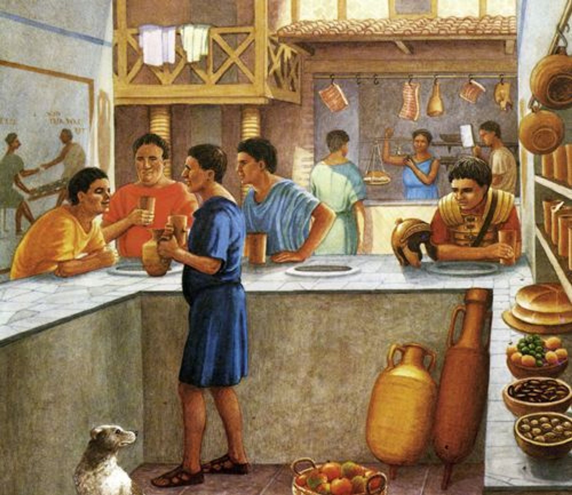 A man in blue tunic behind a counter serves a group of patrons in colorful tunics.  Food is arranged on the counters, and some of the men have drinking cups.  The location is a taberna or marketplace, and there are other shops (a butcher) across from our hot food counter.