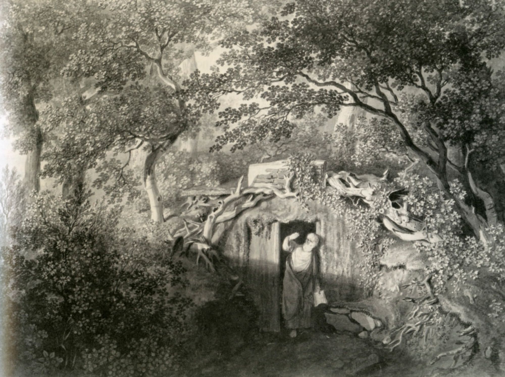 DESCRIPTION:  A man dressed in something like a toga stands at the entrance to a crude hut or cave blocked with timbers and with a flap opening.  The man holds his hand up to the sky as if to block out sunlight in his eyes.  Behind him is a forest scene, riotous with trees.

Representation of an ornamental hermit in Germany in the late 18th century, Creator:Johann Baptist Theobald Schmitt - Scan from Idea. Jahrbuch der Hamburger Kunsthalle. Prestel, München 1991, ISSN 0724-133-X, Bd. 10 (1991), S. 197

Johann Baptist Schmitt, The Hermit in Flottbeck, 1795 Hamburger Kunsthalle