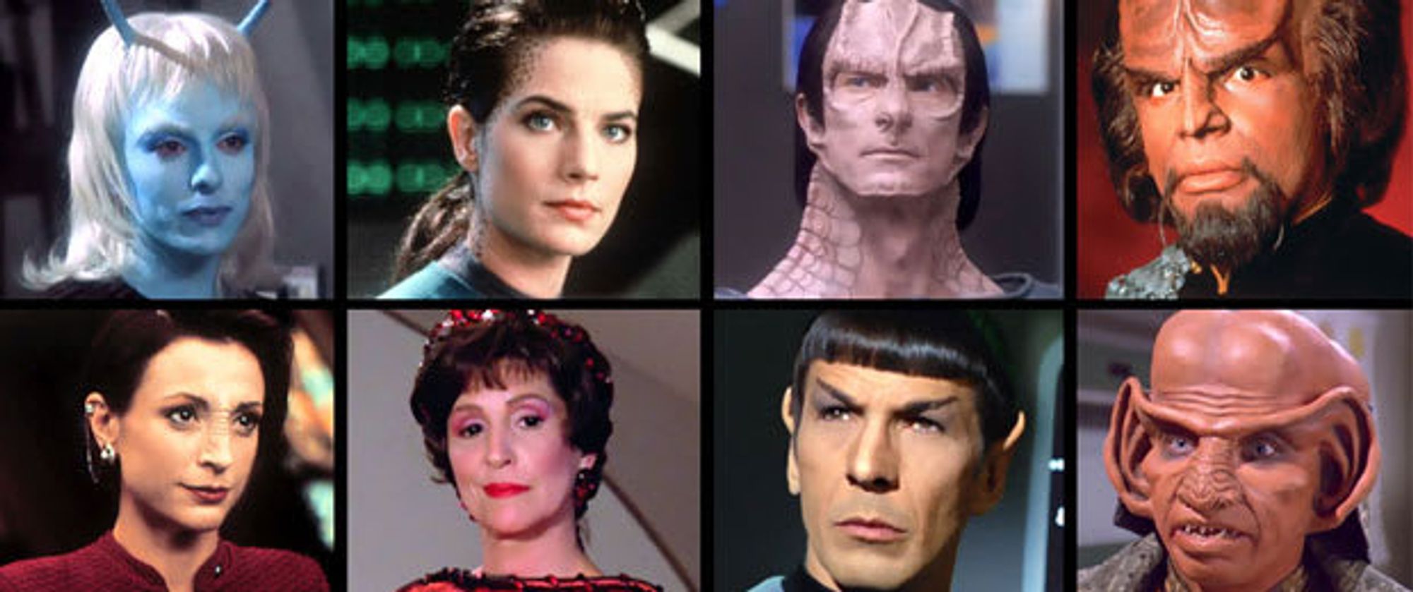 A composite of Star Trek alien species.  It has an Andorian woman, a Trill, a Cardassian, a Klingon, Bajoran, Betazed, Vulcan, and Rom, the Union Man.