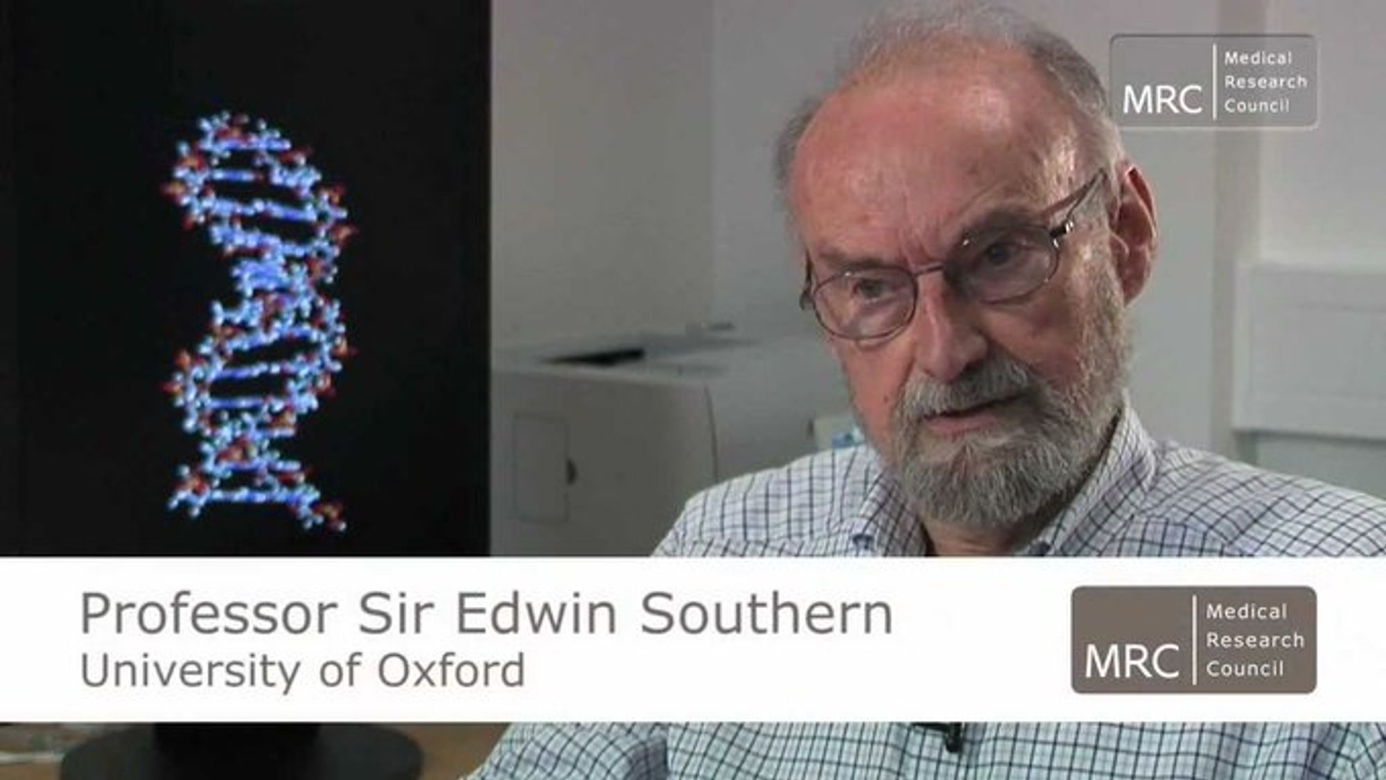 Professor Sir Edwin Southern, University of Oxford, from MRC website.

Ed has a beard, is balding with glasses, and stern looking eyebrows.