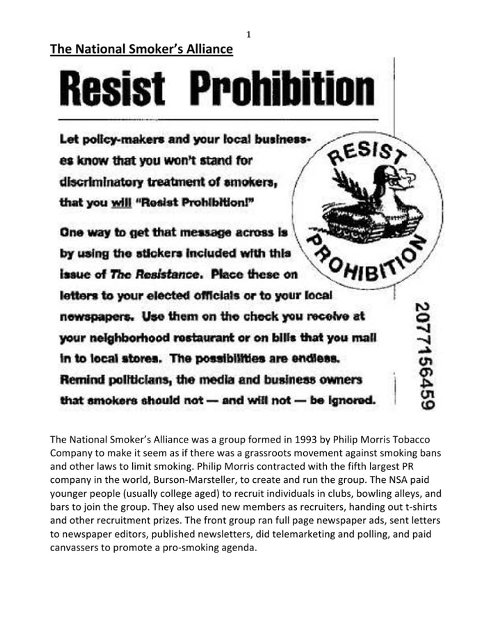 Resist prohibition flyer from the National Smokers' Alliance