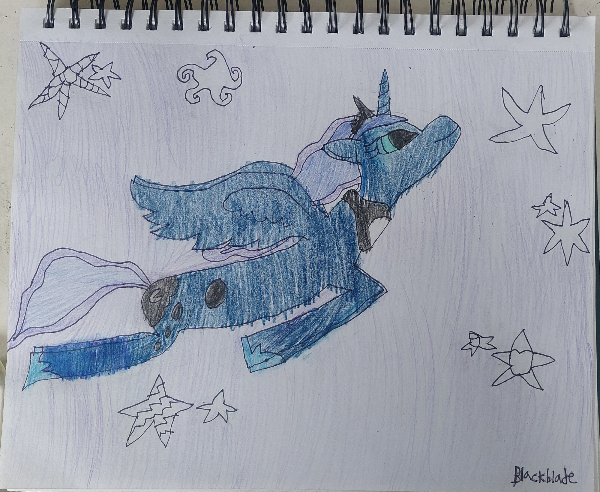 Heres NATG #11: MLP Fanart: Luna in the Stars

Here’s a drawing for Prompt #11, Draw a pony reaching for the stars 

#mlpfanart #mylittlepony #mlpg4 #TwilightSparkle #PrincessLuna #spike #Fluttershy #PinkiePie #rarity #AppleJack 

In this artwork I drew Princess Luna flying over the night sky. Each star represents each character that been in the same room or interacted with Luna.

The one with the many lines is Rarity, and next to it is Sweetie Belle. 

The curly star represents Pinkie Pie 

The Star with the zig zag is Rainbow Dash, and next to it is Scootaloo

The Star with a Apple like symbol is Applejack, and next to it is Applebloom 

The Star with the two sides going upward is Fluttershy 

then the final star is Twilight’s cutie mark, alongside another smaller star represents Spike 