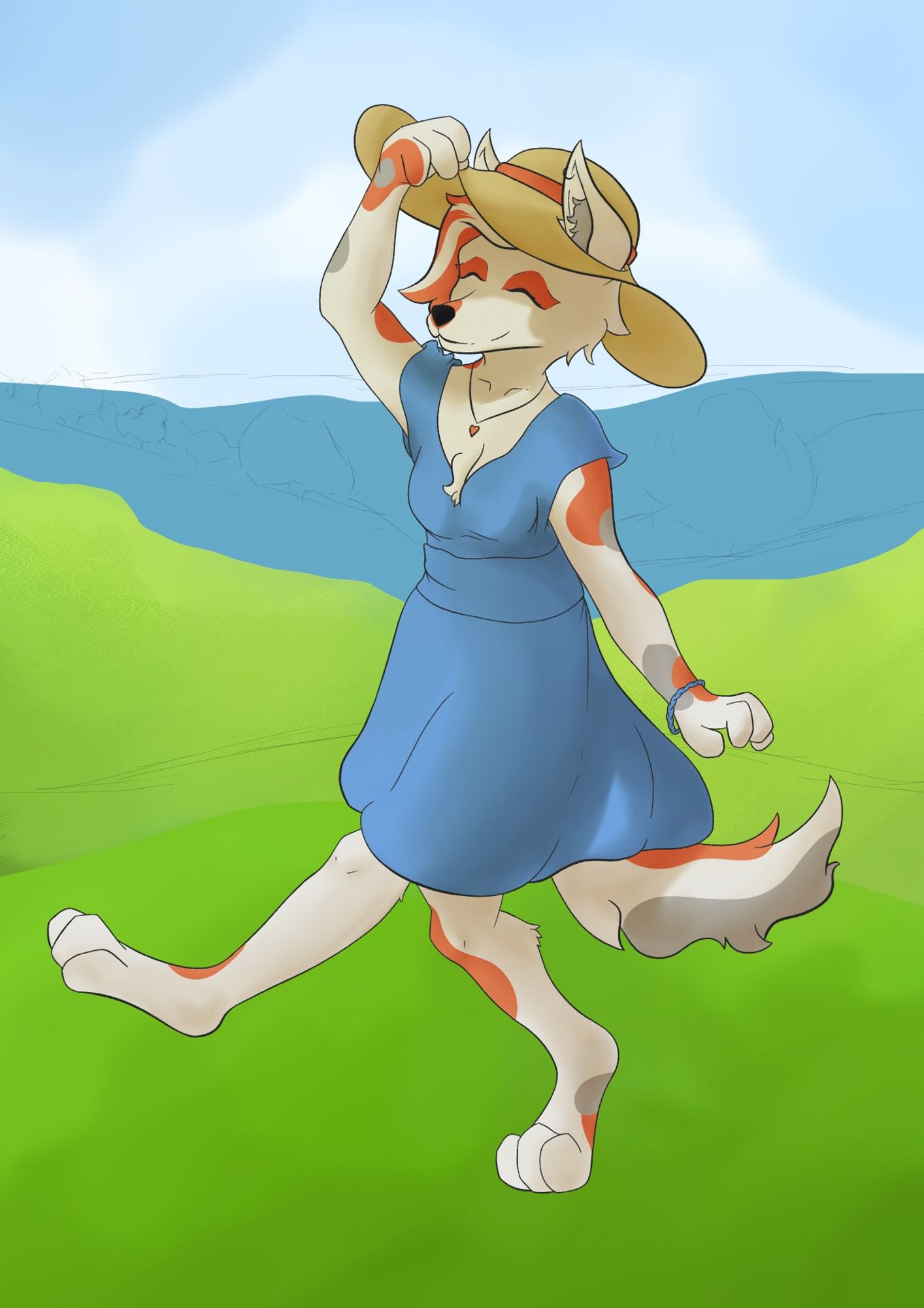 A white, gray, and orange fox in a sundress and wide-brimmed hat happily prances through a green field