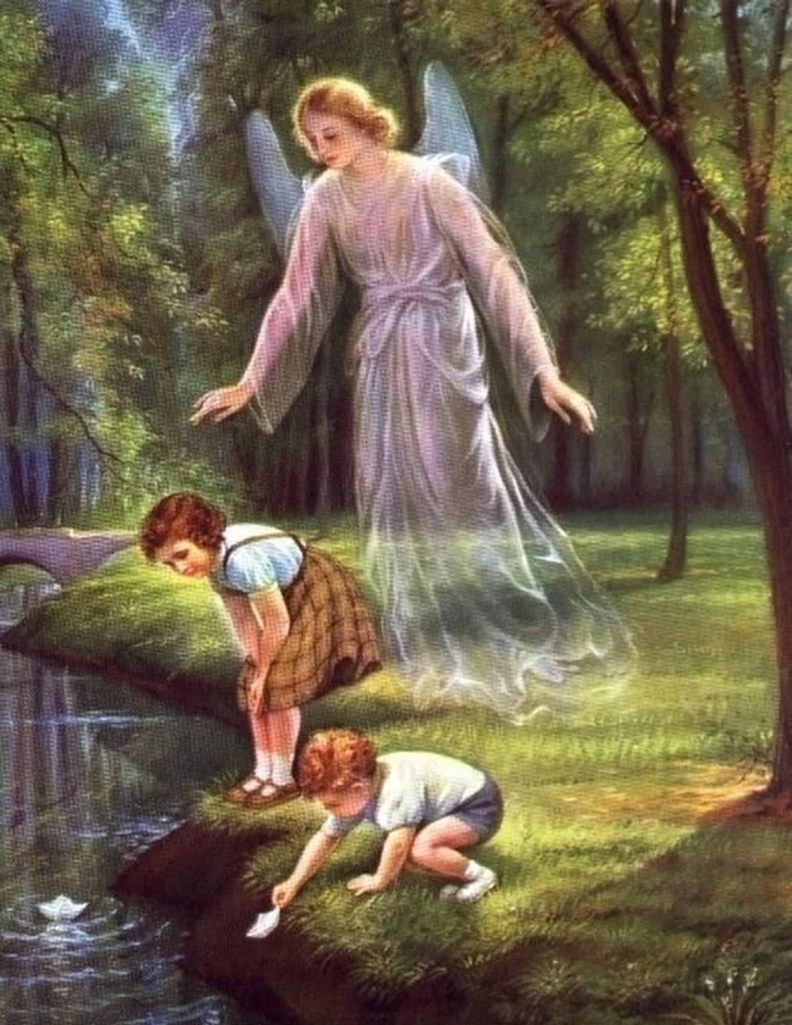 Beautiful angel getting ready to push a kid into a pond