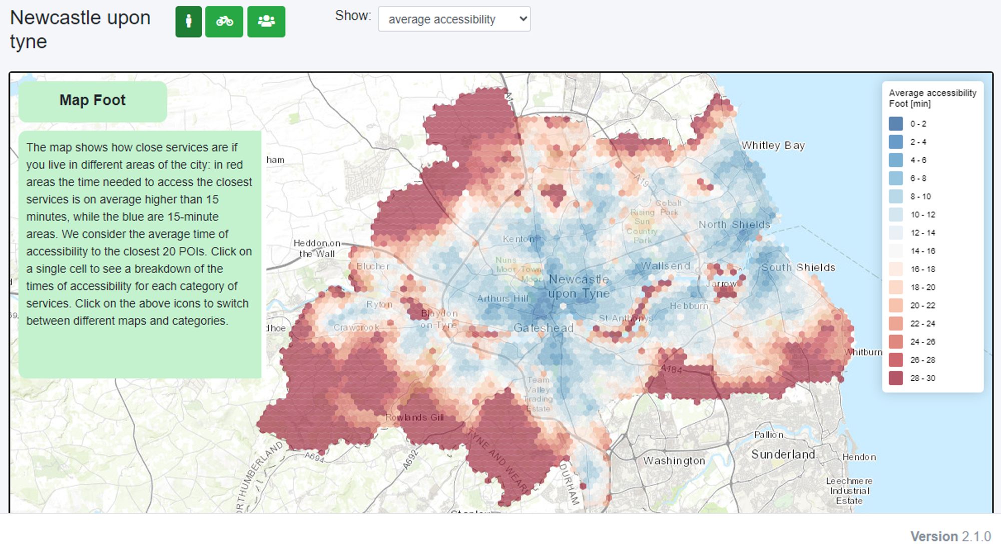 Heatmap of Newcastle upon Tyne showing amenities which are accessible in under 15 mins on foot. The accessible areas correlate with the historic town centres connected with blue through-lines that cover the metro map