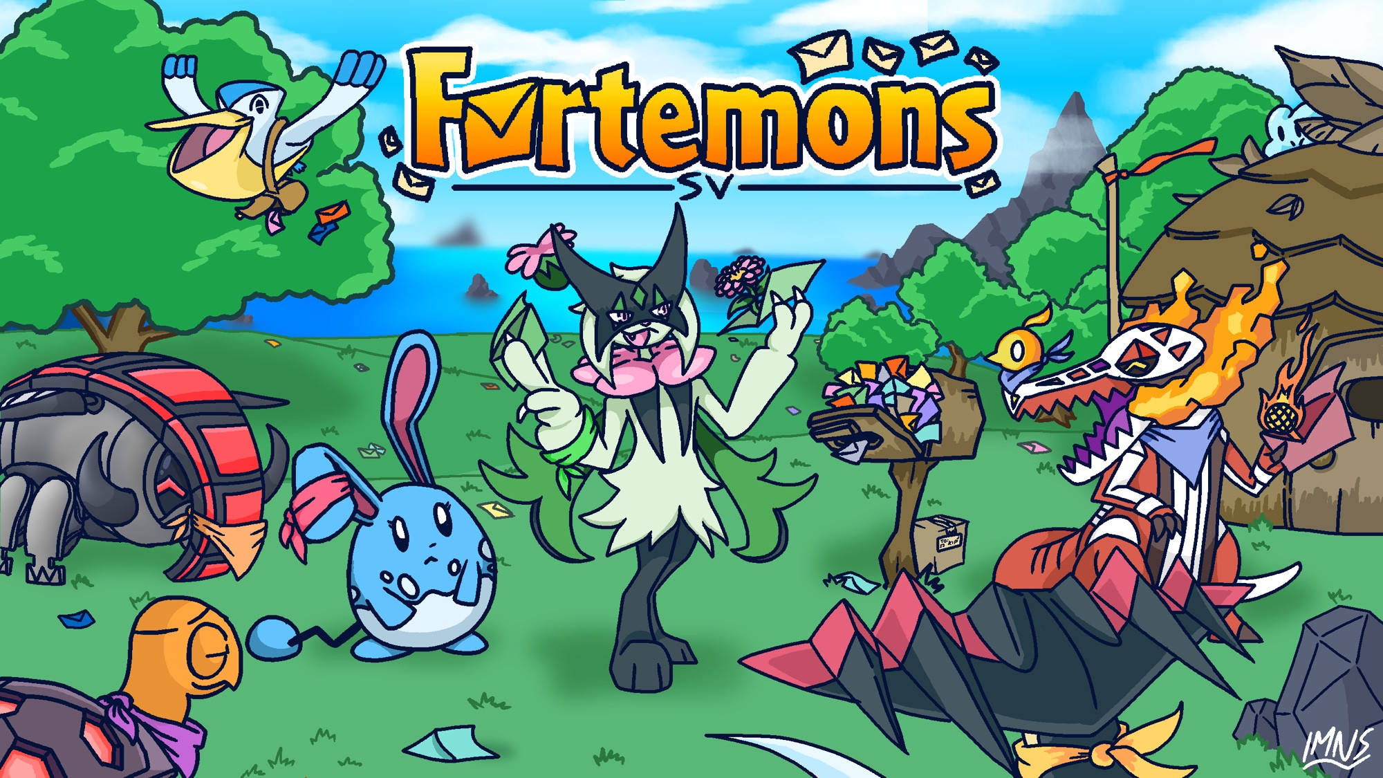 A Pokémon Mystery Dungeon inspired banner, where Meowscarada is opening an overfilled mailbox delivered by a Pelipper, while an Azumarill and a Iron Treads waits in line. A Skeledirge stands on the other side of the mailbox with its letter, while a Torkoal and a Dragapult watches nearby. What’s that on the house?