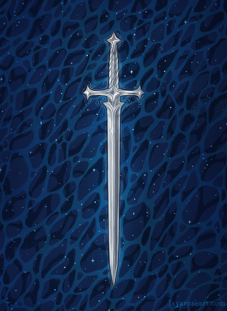 same illustration of a silver sword on a dark blue watery background, with stars, but with no hands.