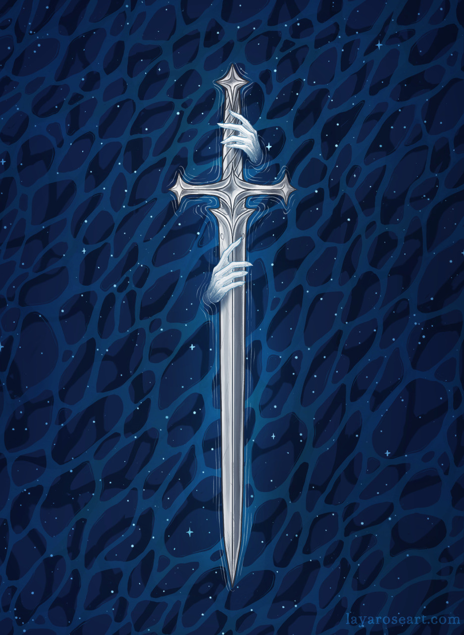 illustration of a silver sword on a dark blue watery background, with stars. There are scaly white hands reaching from behind under the water grasping it.
