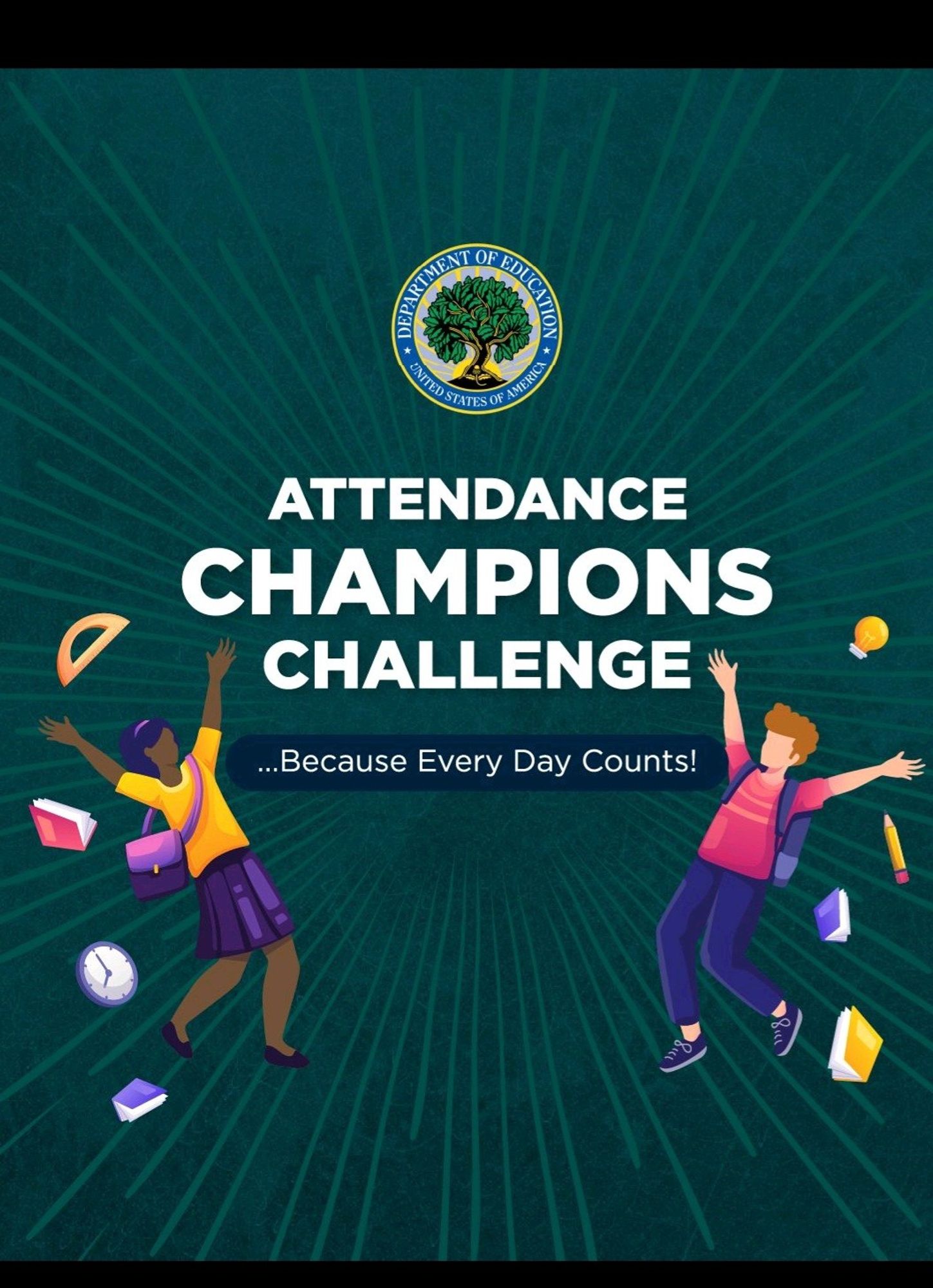 Kids throwing school supplies in the air on a green background. Words read, "Attendance champions challenge...because every day counts."