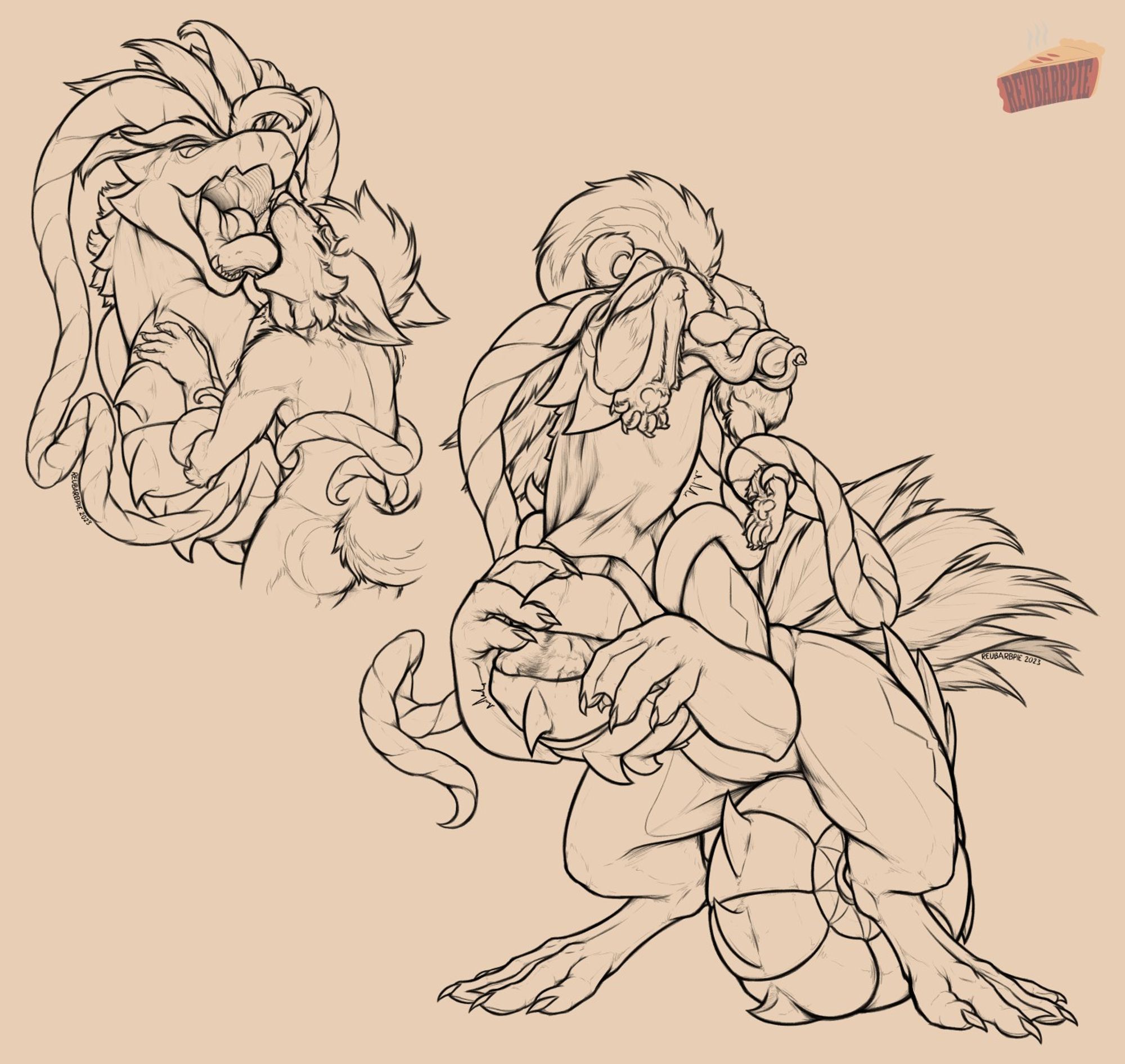 A two-part sequence. The first sketch shows a smug Koraidon with his tendrils gently-but-snugly wrapped around a jackal, Arkail, his maw wide open as his meaty tongue easily and completely bulges out Ark's throat. The second sketch shows Koraidon mid-swallow, Arkail's upper half completely engulfed by the lizard and starting to shapely bulge out his throat-sac wheel. His lower half, meanwhile, hangs out of Koraidon's jaws, one tendril gently holding him in place as the prehensile tips of the lizard's forked tongue strokes him off.