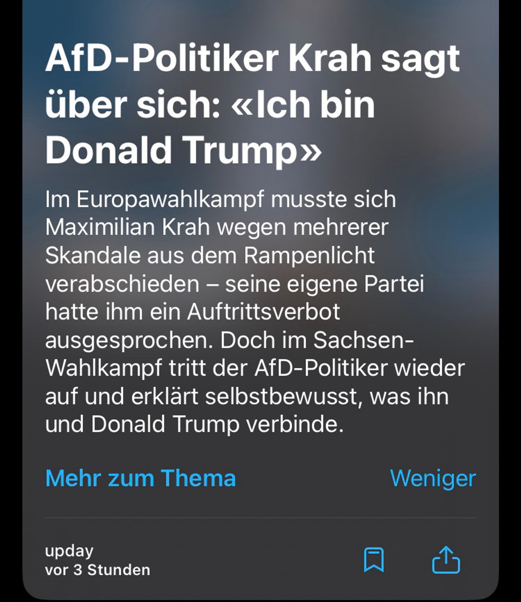 Artikel von upday:

AfD-Politiker Krah sagt über sich: « Ich bin Donald Trump»
Im Europawahlkampf musste sich Maximilian Krah wegen mehrerer Skandale aus dem Rampenlicht verabschieden - seine eigene Partei hatte ihm ein Auftrittsverbot ausgesprochen. Doch im Sachsen-Wahlkampf tritt der AfD-Politiker wieder auf und erklärt selbstbewusst, was ihn und Donald Trump verbinde.