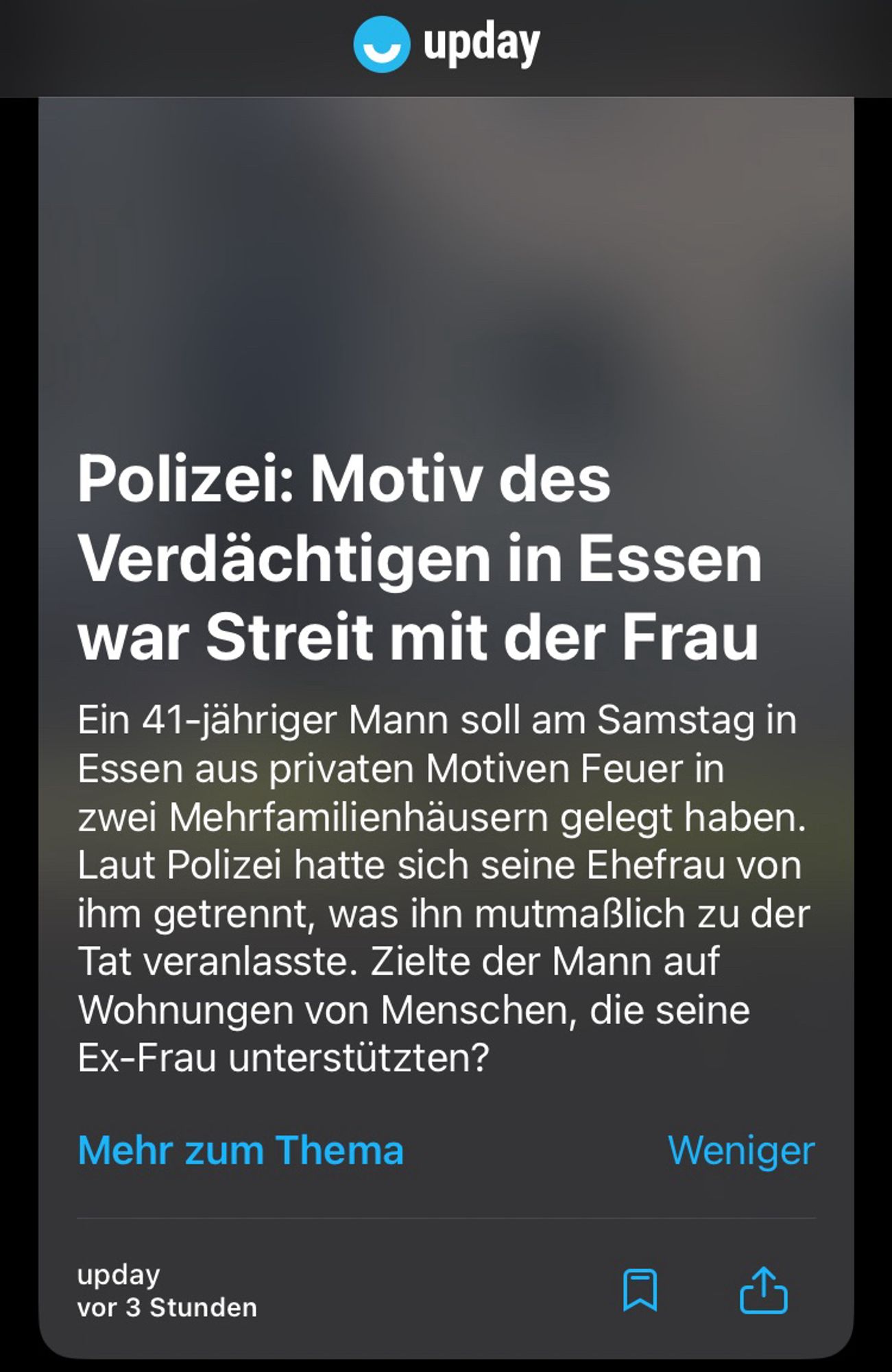 Artikel auf Upday:

Polizei: Motiv des Verdächtigen in Essen war Streit mit der Frau Ein 41-jähriger Mann soll am Samstag in Essen aus privaten Motiven Feuer in zwei Mehrfamilienhäusern gelegt haben.
Laut Polizei hatte sich seine Ehefrau von ihm getrennt, was ihn mutmaßlich zu der Tat veranlasste. Zielte der Mann auf Wohnungen von Menschen, die seine Ex-Frau unterstützten?