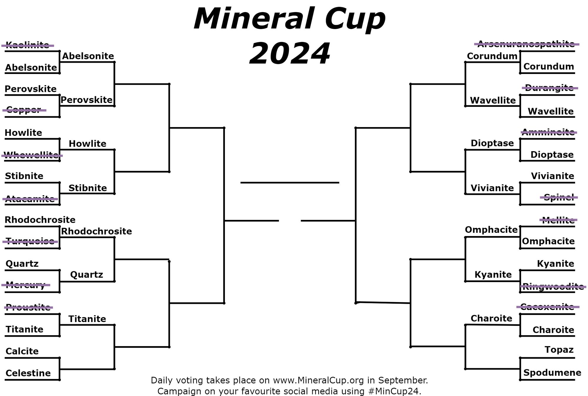 Mineral Cup 2024 bracket showing charoite moving on to round 2.