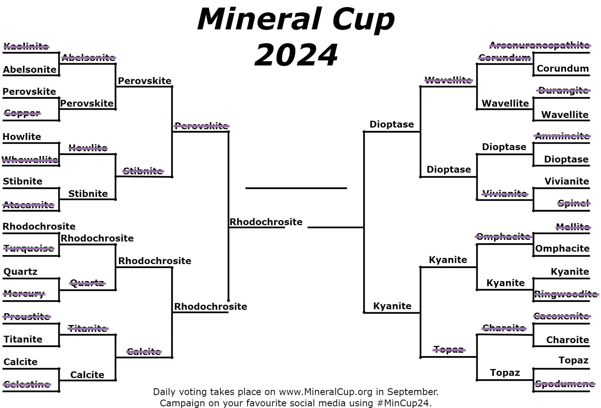 Mineral Cup 2024 bracket showing Rhodochrosite the winner.