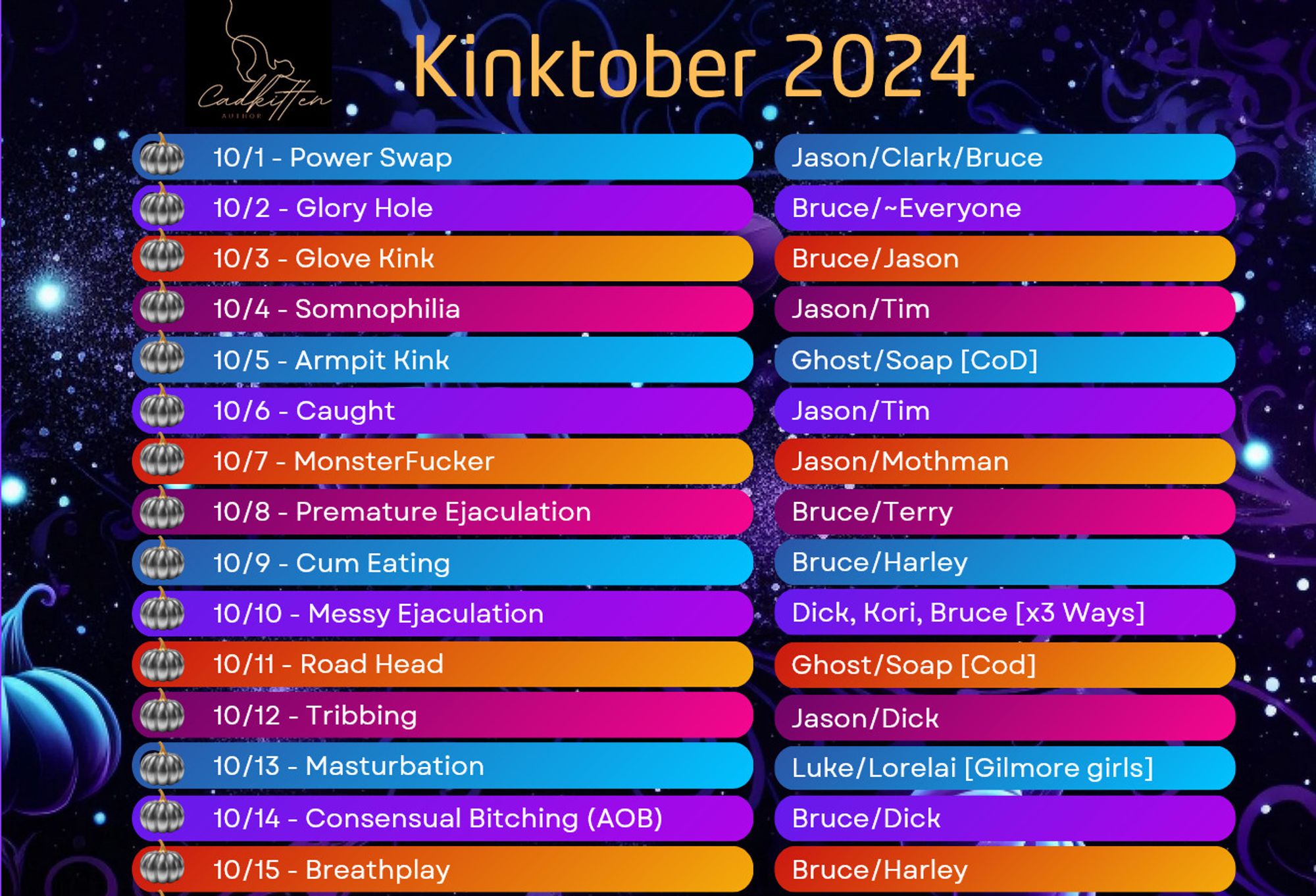 10/1 Power Swap
Also for Kryptonite Event Days: Platinum & Gold | BottomBruceTober 2024: After Mission
JayClarkBruce

10/2 Glory Hole
Also for Situational Bingo G2: Glory Hole | BottomBruceTober 2024: Control
Bruce x Everyone

10/3 Glove kink
BruJay

10/4 Somnophilia
JayTim

10/5 Armpit Kink
GhostSoap

10/6 Caught
Also for deepwithintheabyss, who left a lovely comment on Three Hours to Paris, wishing more caught fics had the caught person having such confidence.
JayTim

10/7 MonsterFucker
Cult of the Mothman Cultist Jason Todd/Mothman

10/8 Preamture Ejaculation
BruTerry

10/9 Cum Eating
Also for Situational Bingo G5: Dining Room | for Name who wanted public BruHarley sex
BruHarley

10/10  Messy Ejaculation
DickKori and BruDick

10/11 Road Head
GhostSoap

10/12 Tribbing
JayDick

10/13 Masturbation
LukeLorelai

10/14 Consensual Bitching (AOB trope)
BruDick

10/15 Breathplay
Situational Bingo N3: Free Space
BruHarley