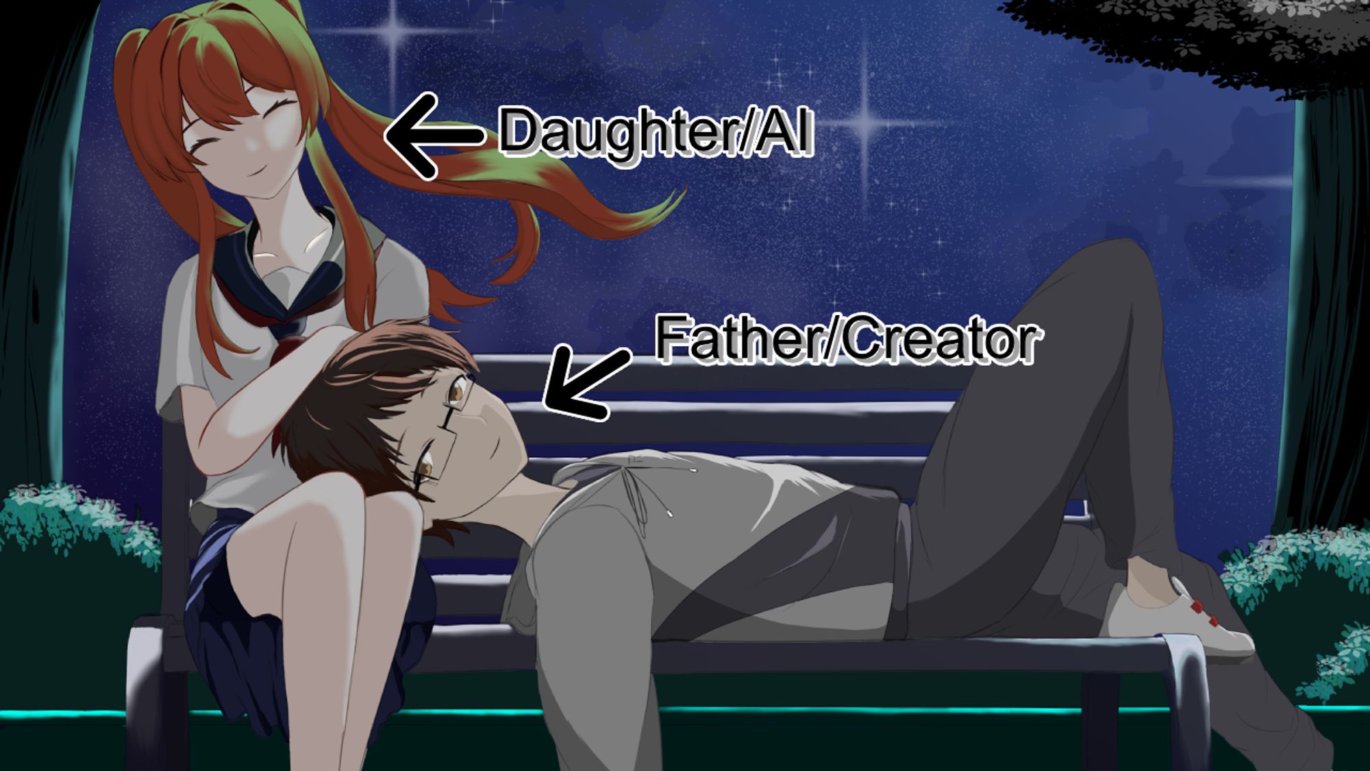 Thumbnail of the video. It's the image, made by dicedd_art for Roman, but with text saying "Daughter/Ai"(pointing to Ronika) and "Father/Creator"(pointing to Roman)