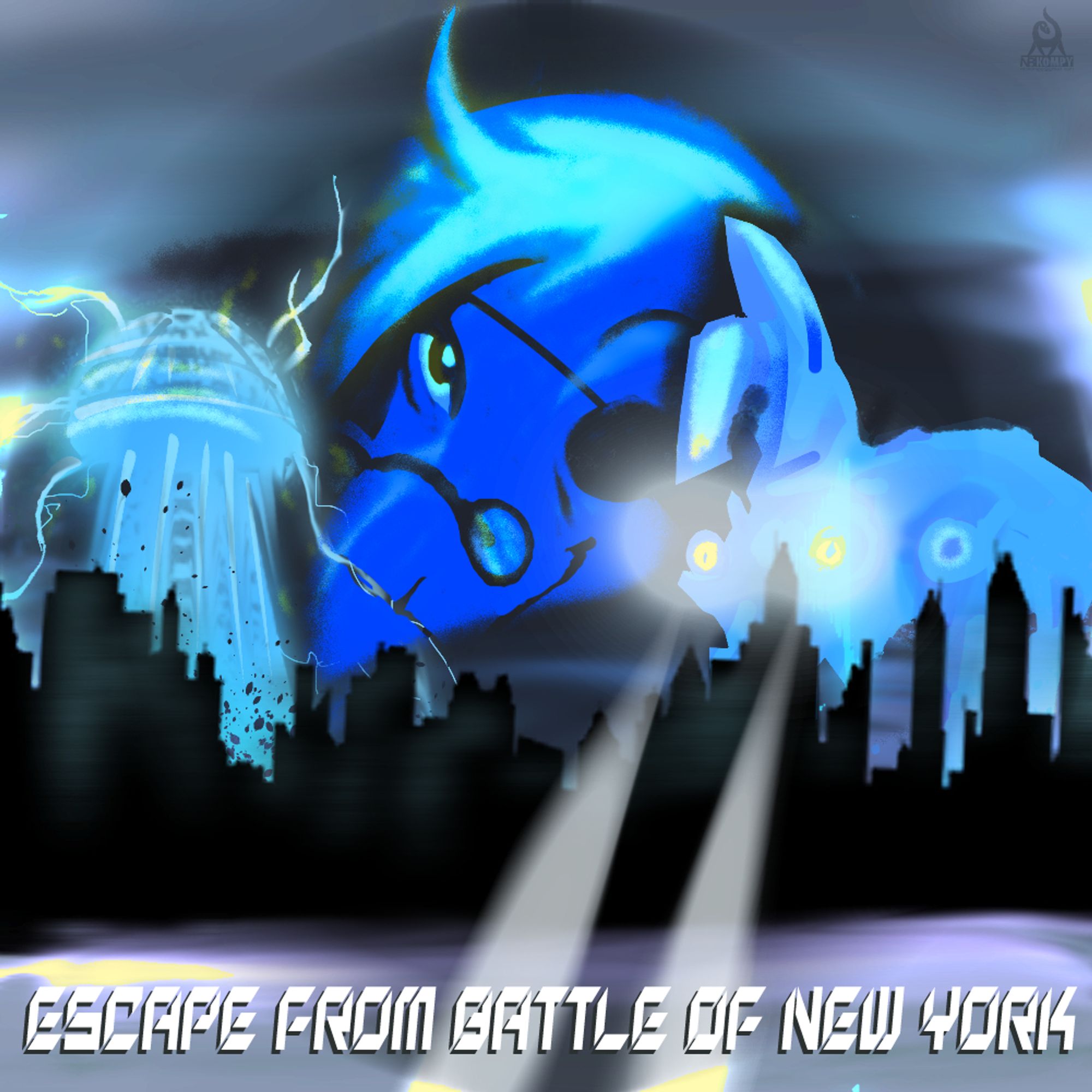 Poster parody of the 1981 film "Escape from New York", with Kompy (small dino mastersona) as Snake Plissken. The System Keraunos and Troia Híppos Noble Phantasm can be seen in the background along with a silhouette of the New York skyline.