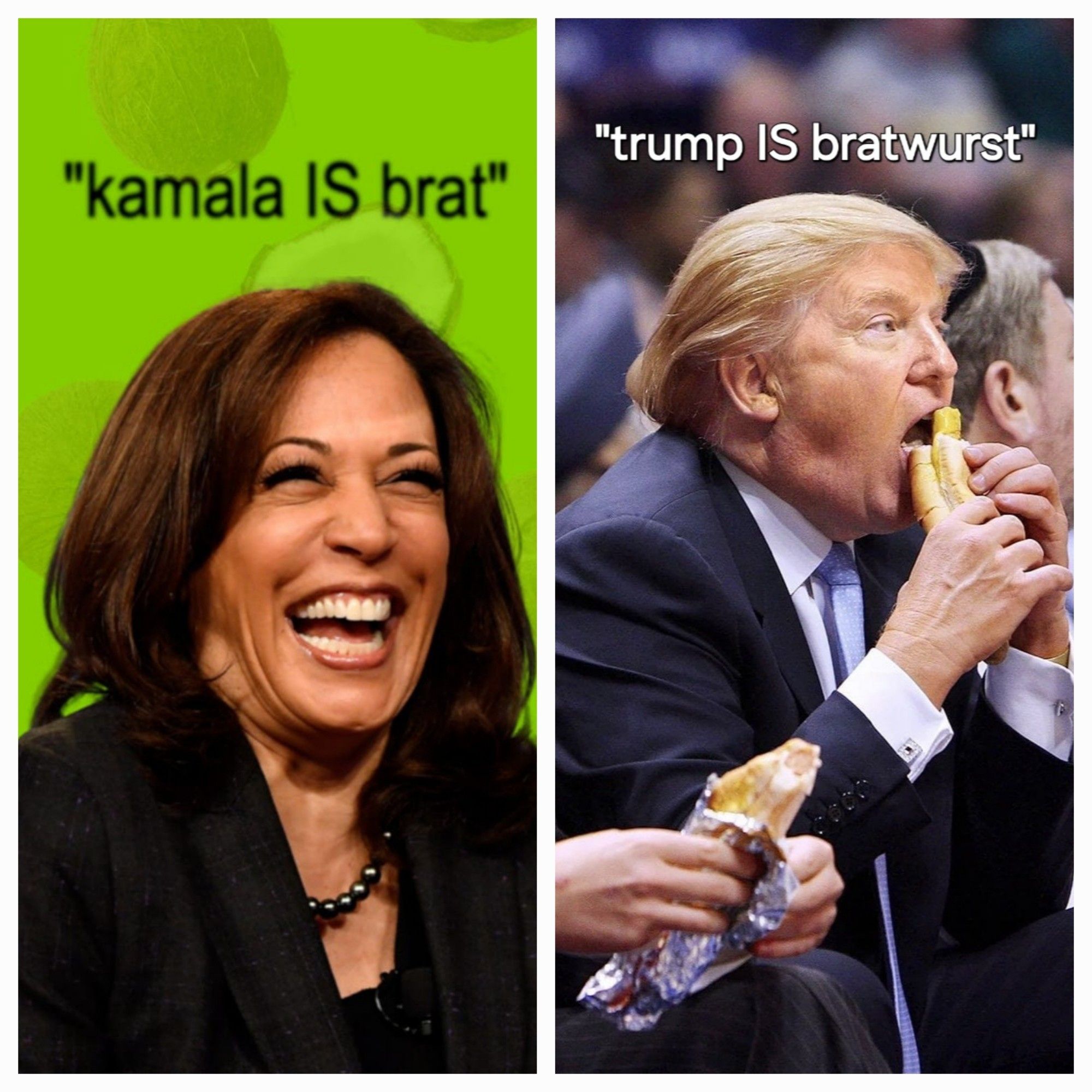 "kamala IS brat" / "trump IS bratwurst" (trump eating a sausage)