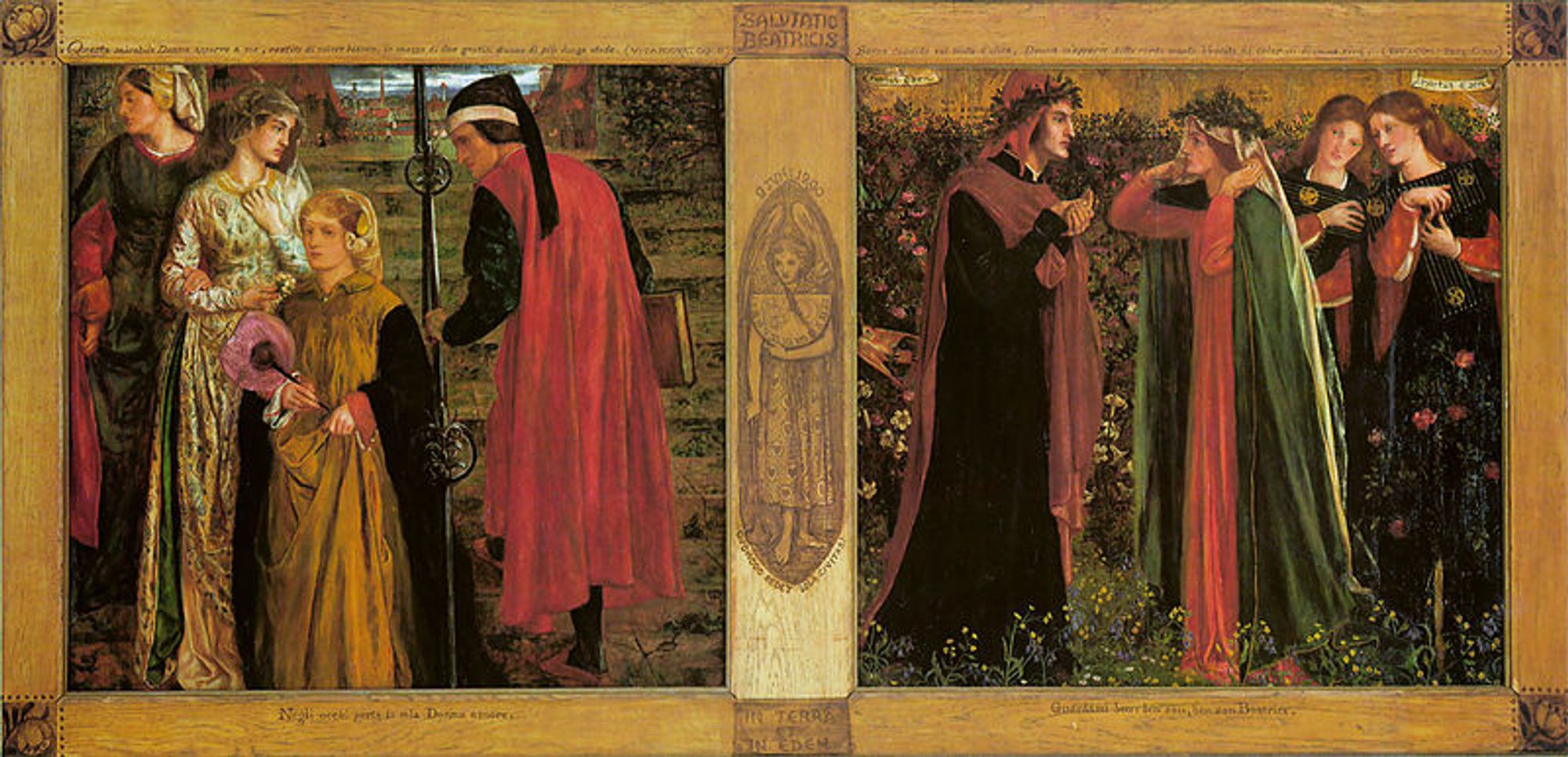 Two scenes showing Dante Alighieri and his beloved Beatrice. Rossetti painted them on cupboard doors for William Morris but now they're in a wooden frame he designed as well.