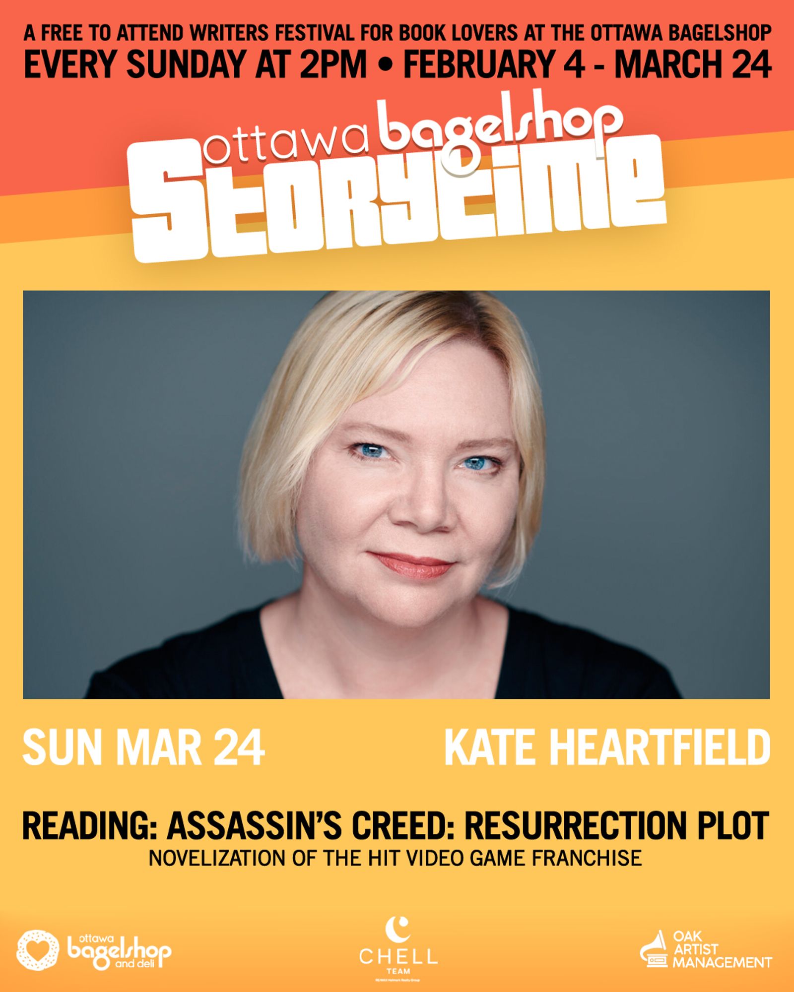 A free to attend writers festival for book lovwers at the Ottawa Bagelshop. Every Sunday at 2 pm. February 4 to March 24. Ottawa Bagel Storytime. 
Sun Mar 24: Kate Heartfield
Reading: Assassin's Creed: The Resurrection Plot. Novelization of the hit video game franchise. 
With photo of Kate.