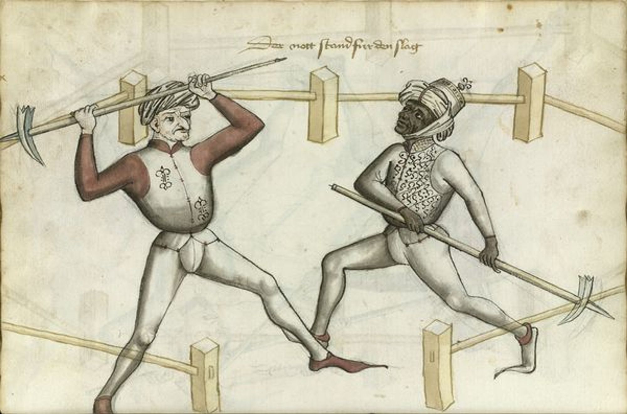 An illustration of two fighters, one white (I think) and one Black, with poleaxes.