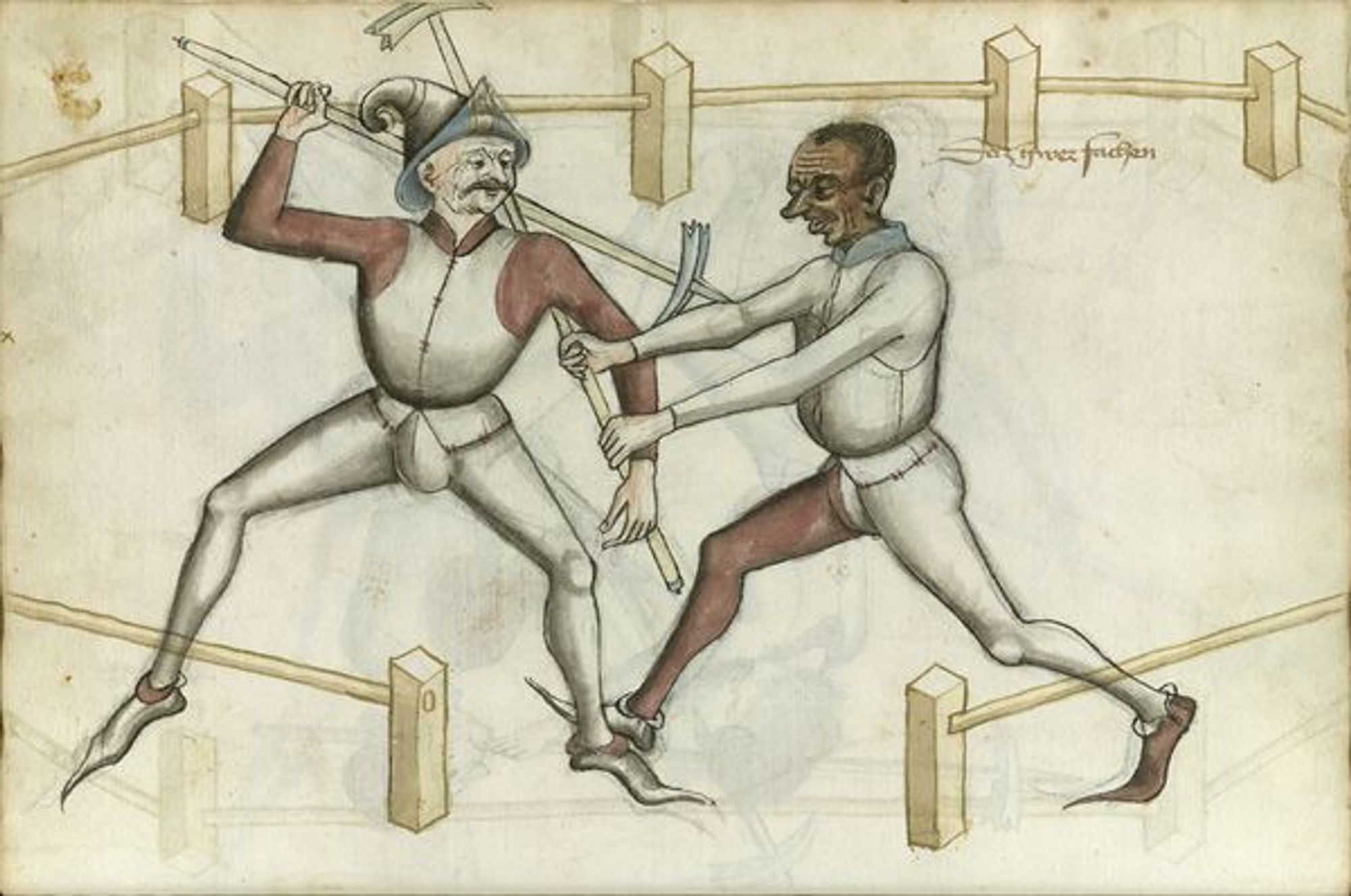 Two fighters, one white and one Black, using poleaxes and wearing some armour.