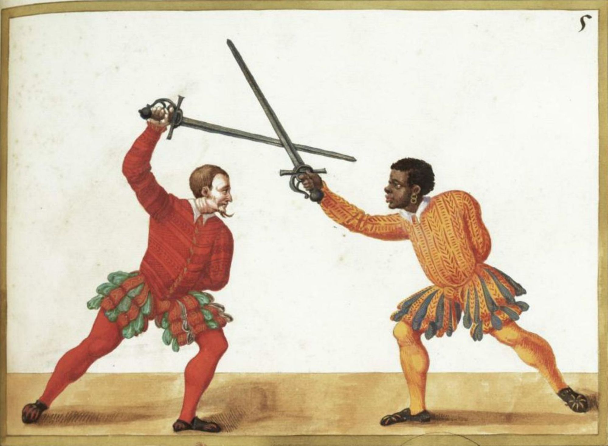 An illustration of two swordsmen using rapiers, the one on the left a white man with a fancy curling beard, the one on the right a Black man with earrings.