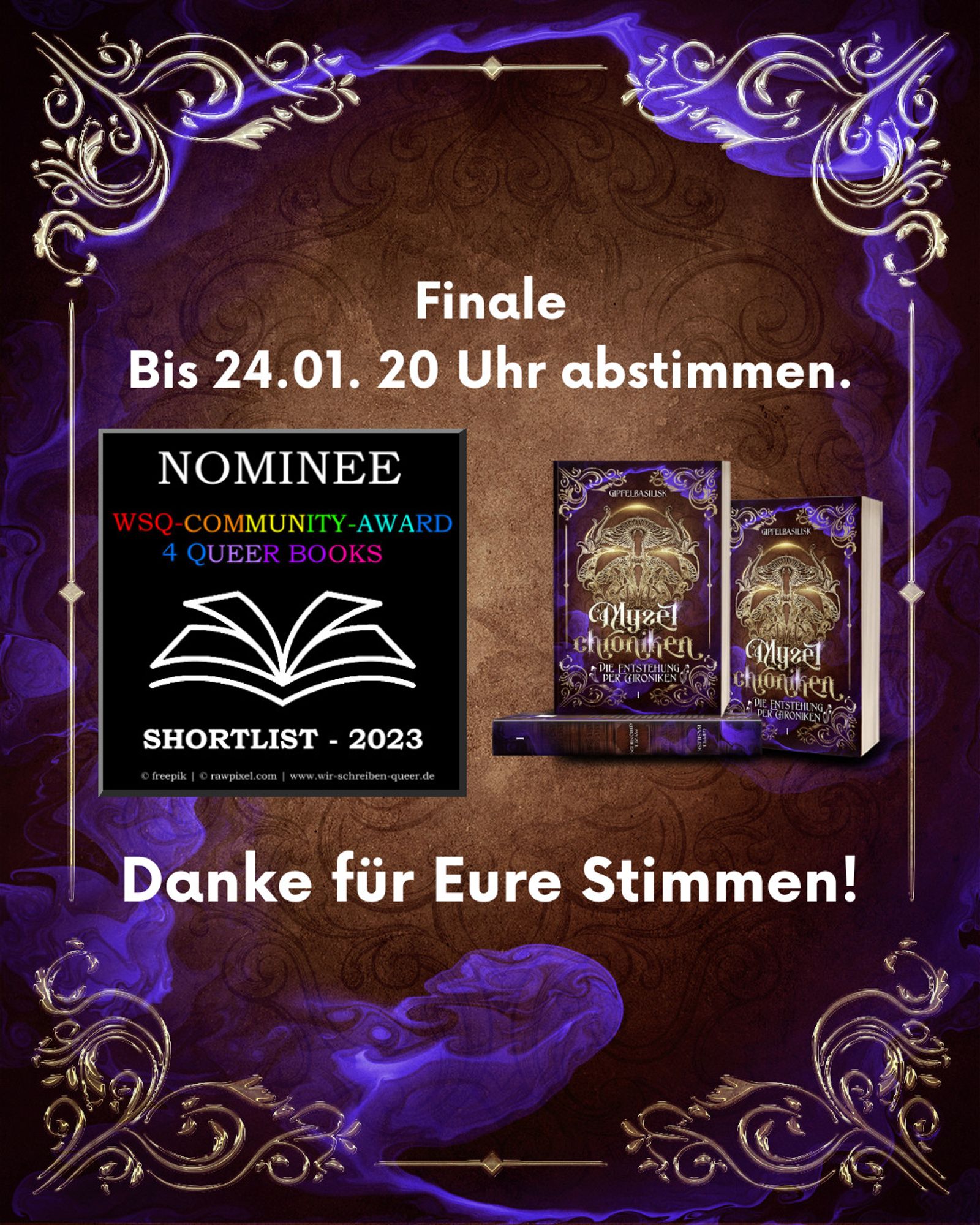 Buchcover Mockups der Myzelchroniken - Nominee Badge von Wir schreiben Queer - Finale bis zum 24.01. 20 Uhr abstimmen. Danke für eure Stimmen.