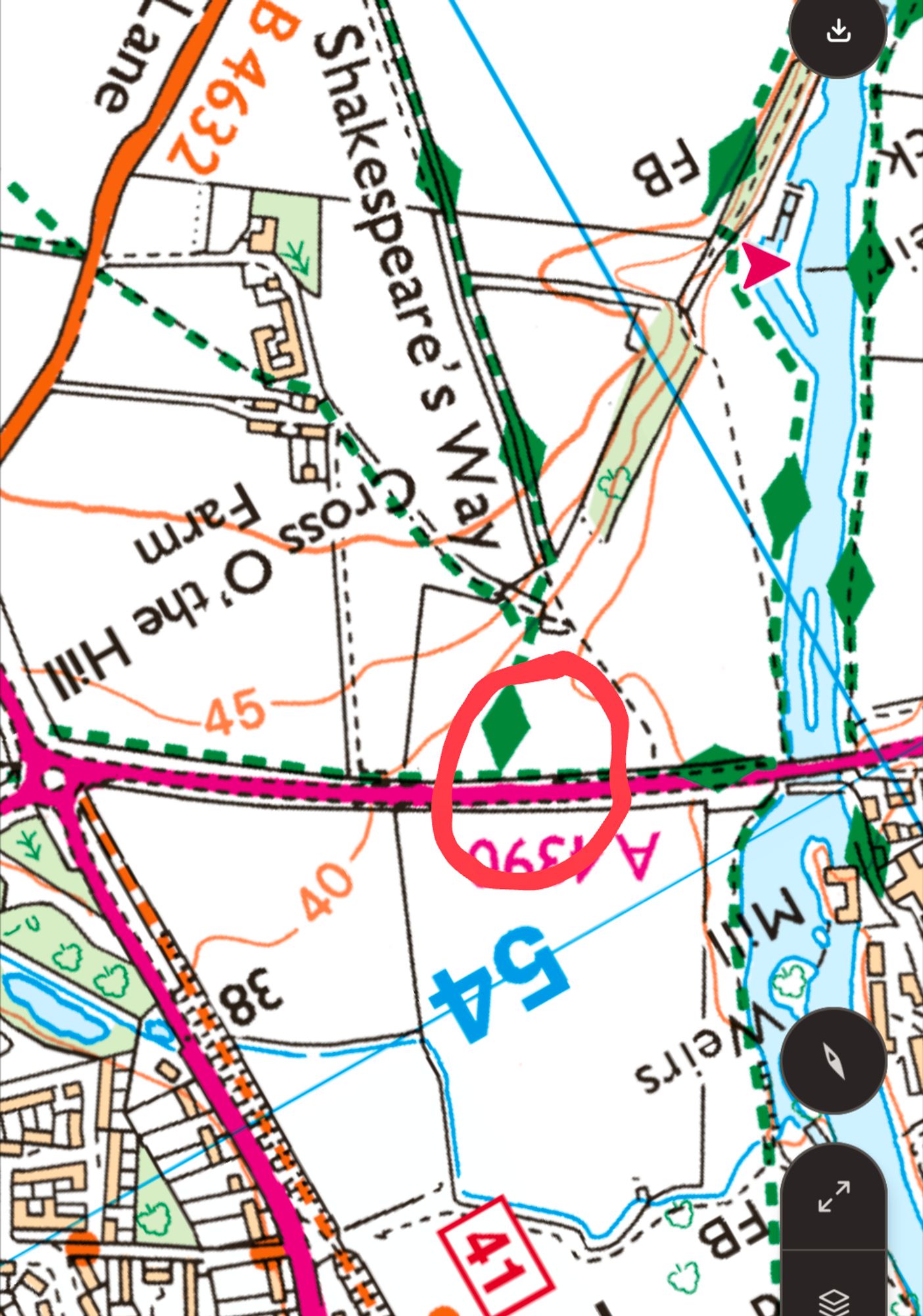 A snip of OS map. The place where the path is blocked is circled.