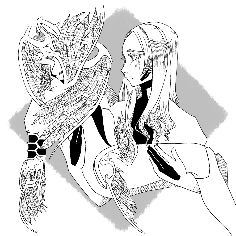 Chronica from Trigun Maximum is holding the body of Domina from the same manga. Domina is lifeless, with plant wings sprouting from her body as a result of forcibly being merged with Knives.