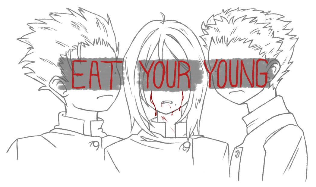 Vash, Tesla, and Knives as children from Trigun Maximum. Their eyes are obscured by the phrase "Eat Your Young", a reference to Hozier's song with the same name. Tesla has blood running down her cheeks, as if she was bleeding tears.