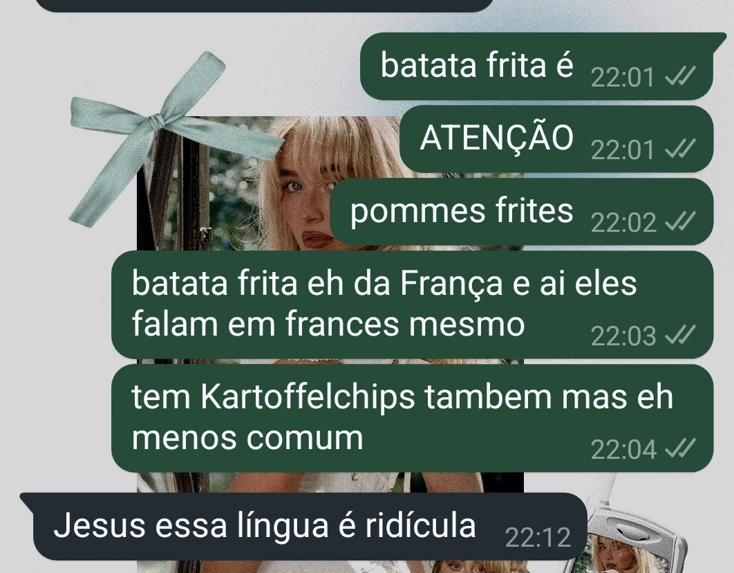 print de uma conversa. eu: batata frita é ATENÇÃO pommes frites. batata frita eh da França e ai eles falam em frances mesmo
tem Kartoffelchips tambem mas eh menos comum
oliver vagina patologica: Jesus essa língua é ridícula