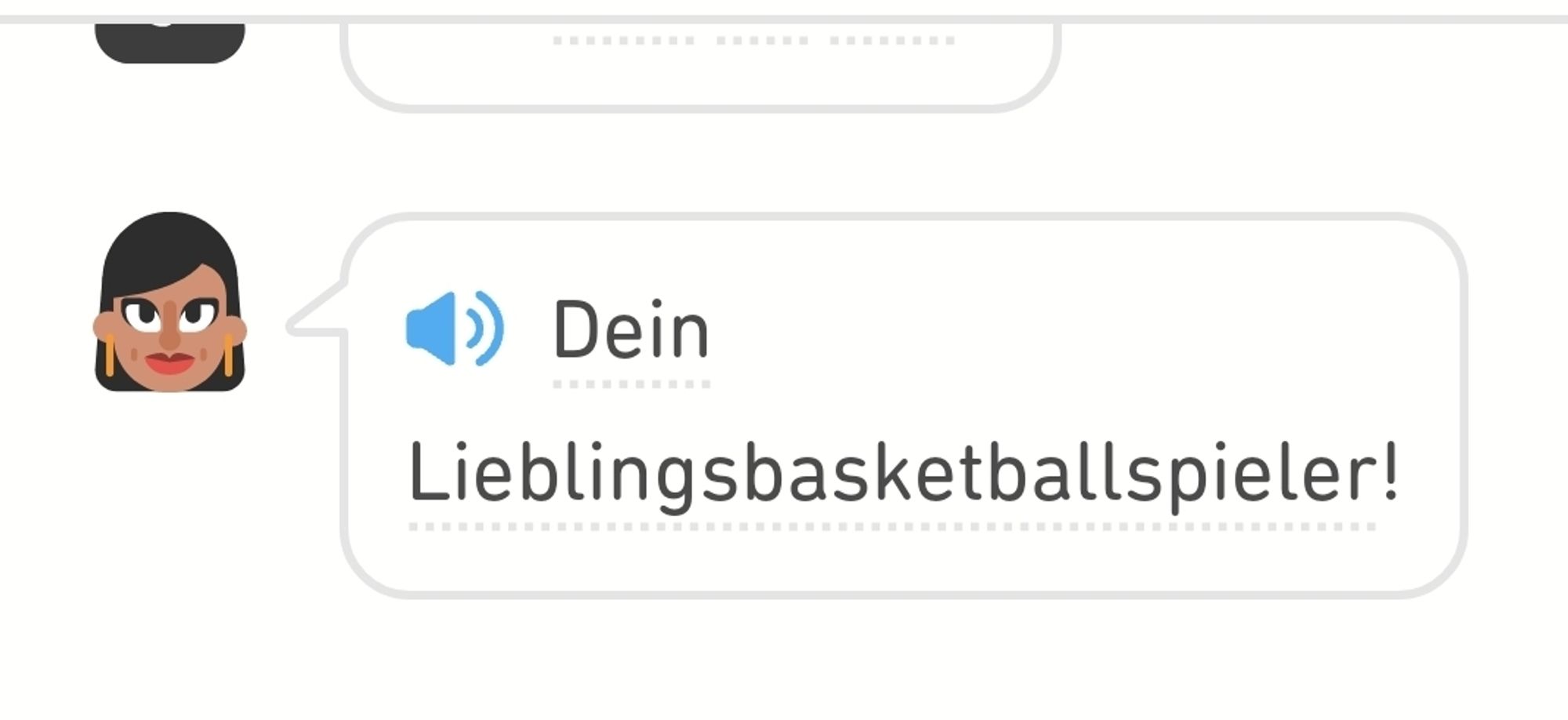 um print do duolingo em que esta escrito dein lieblingsbasketballdpieler