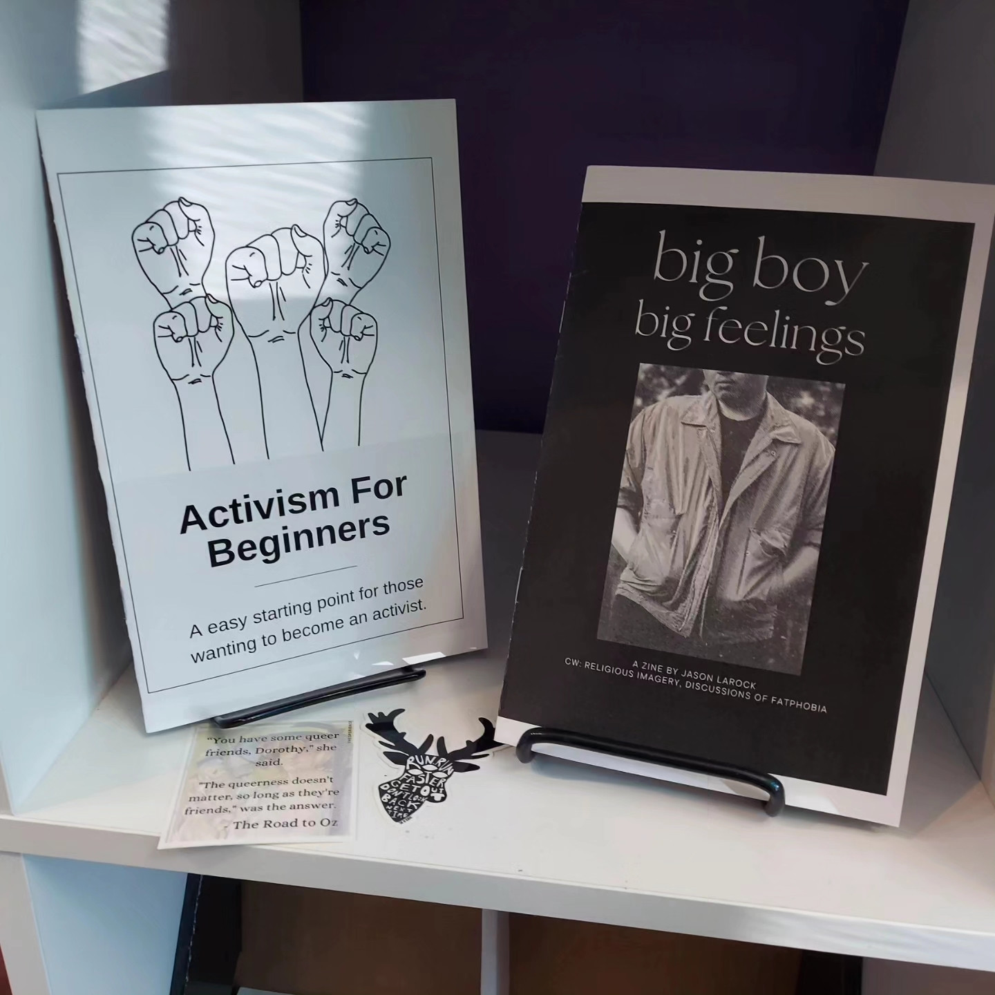 A photo of two zines and two stickers on a store shelf.