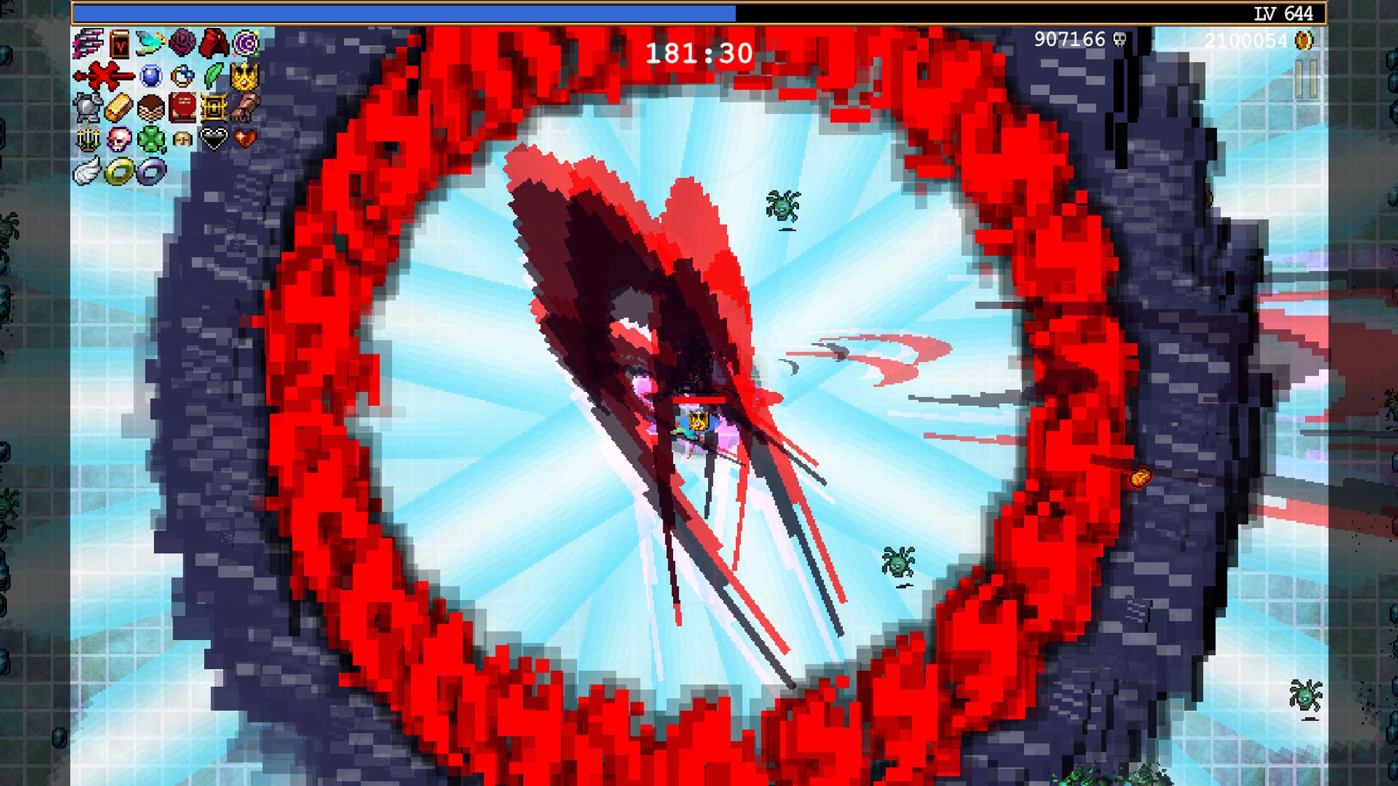 A screenshot of Vampire Survivors. The round has been going for nearly 90 IRL minutes, the character has reached level 644 and by this point every weapon effect is broken in several ways, it's an incomprehensible nightmare.