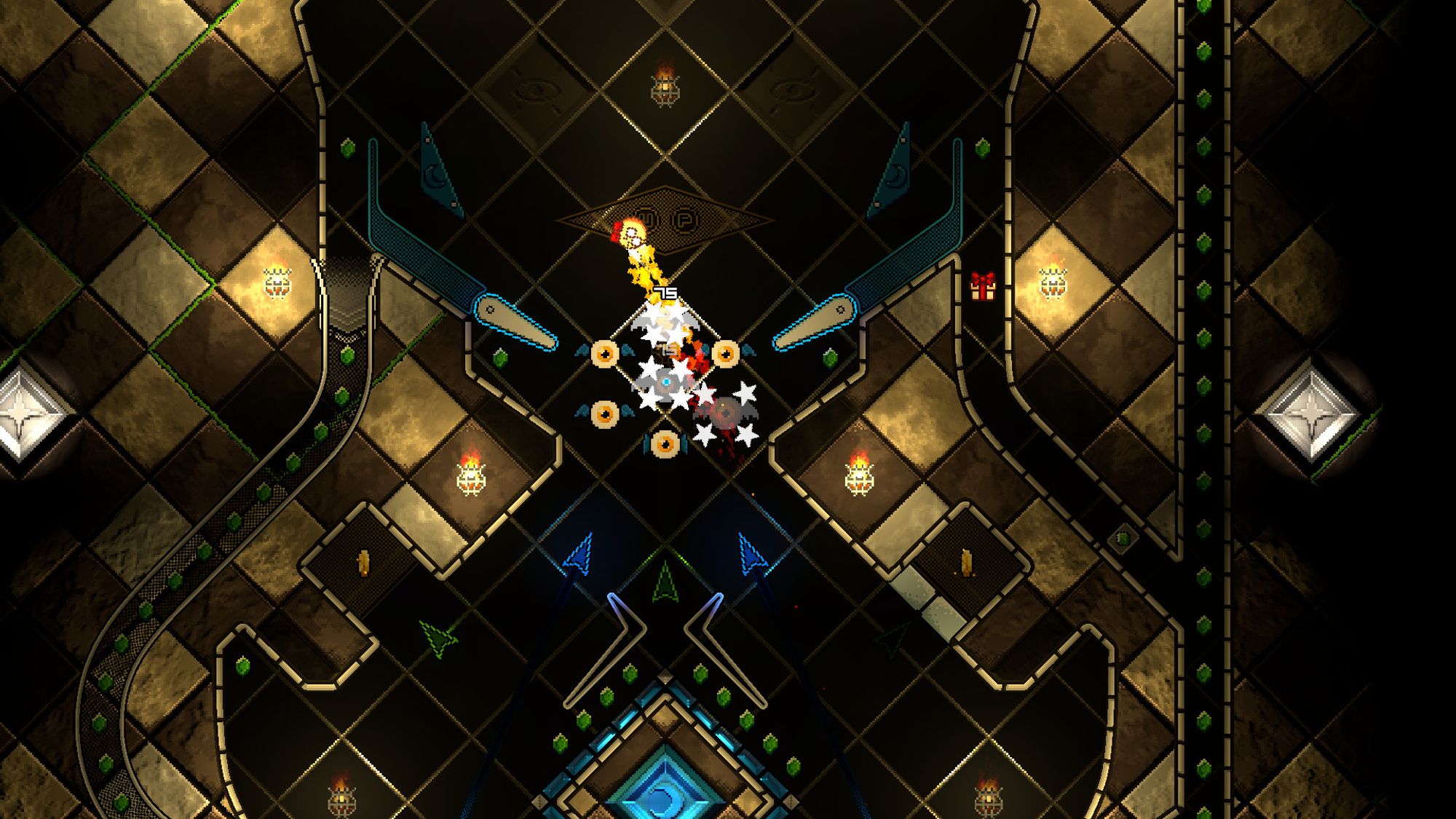 A screen of Pinball Spire showing the ball, on fire, blasting through a cluster of enemies.