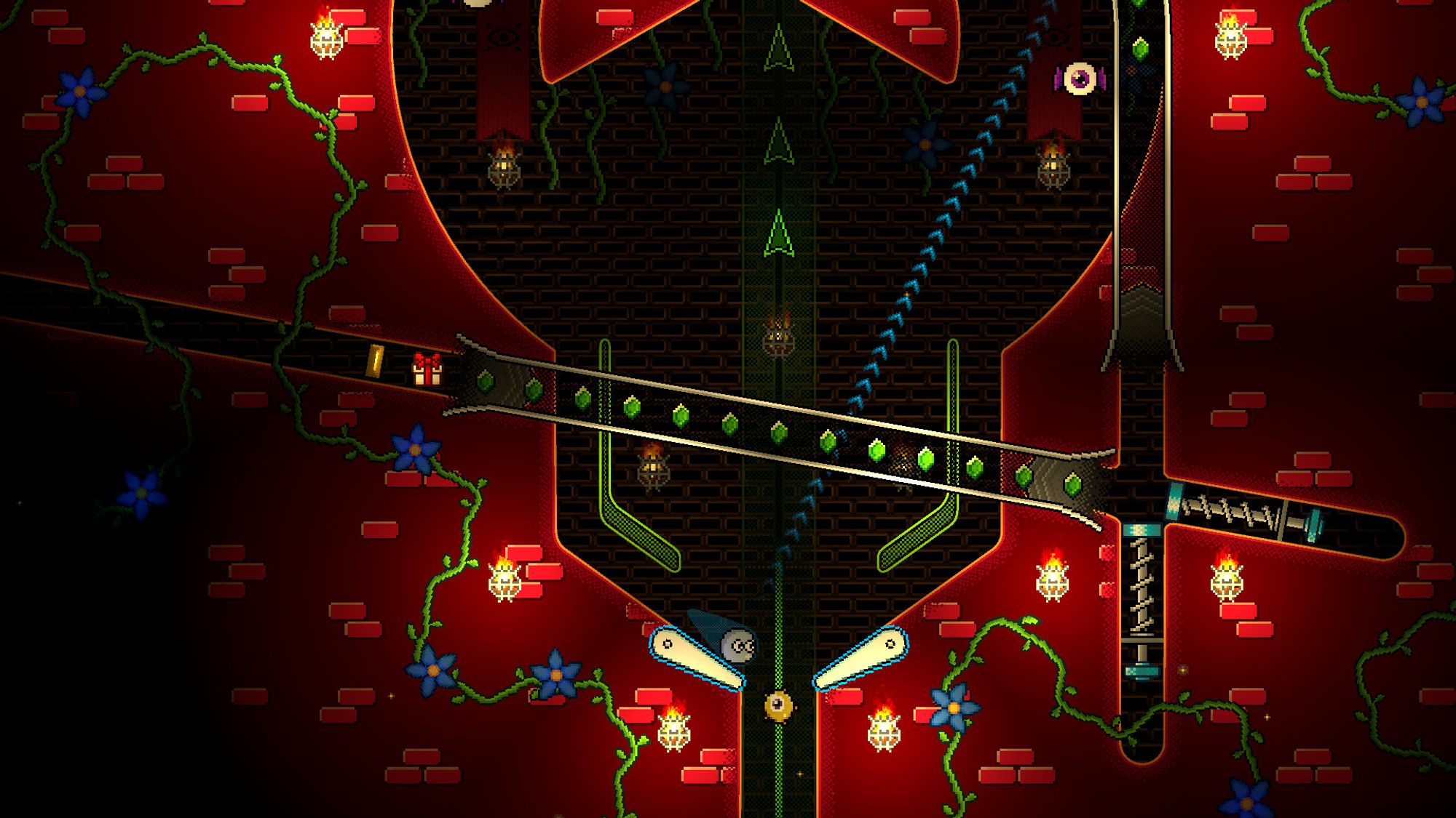 A screenshot of Pinball Spire showing the ball rolling down a flipper with a shot preview pointing up diagonally. The ball is in a red brick room with vines running along the walls.