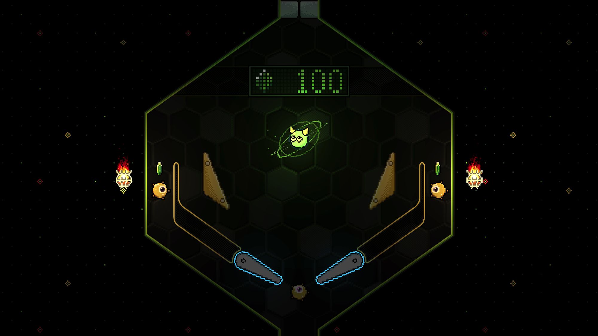 A screenshot of Pinball Spire showing the ball suspended in some kind of green energy field. The background is sparse and very dark.