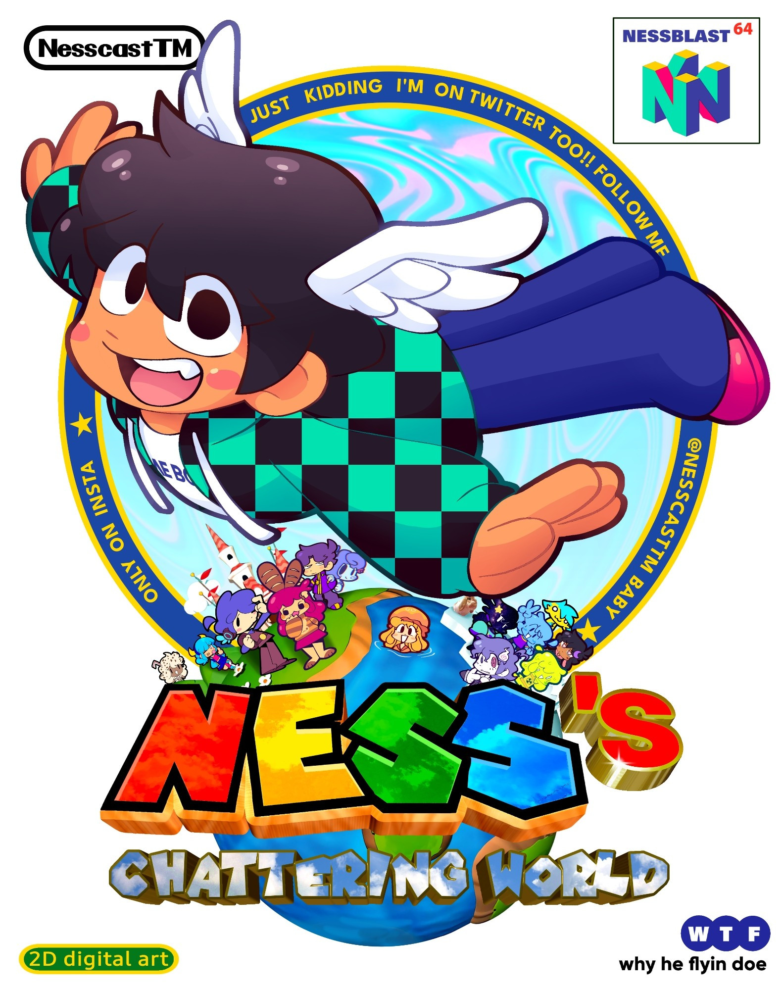 a drawing i made of my sona flying above my oc's on a planet as a reference to the cover art of super mario 64, with the subtitle "Ness's Chattering World".