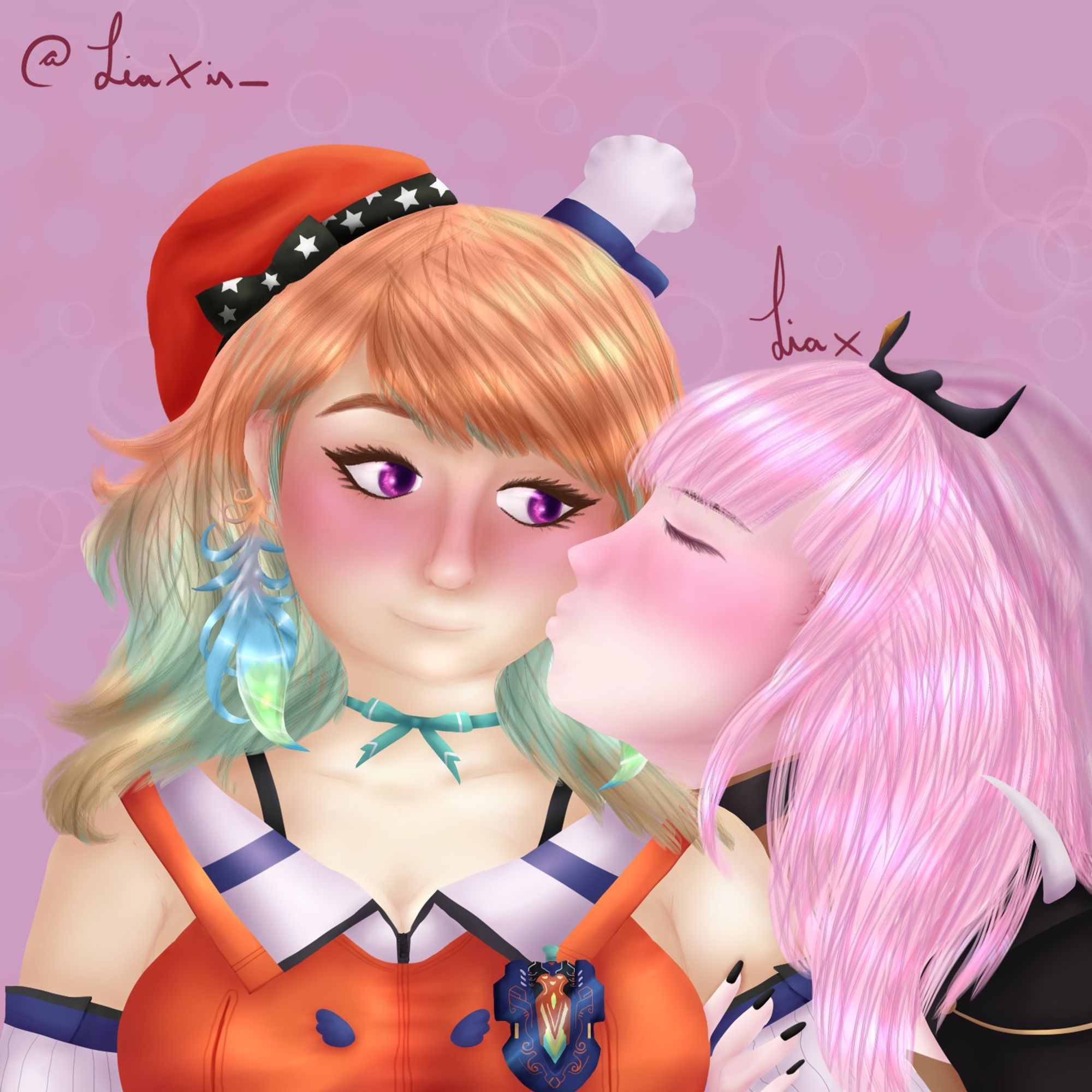 Desenho digital de duas VTubers: Calliope Mori e Takanashi Kiara. A Kiara é uma mulher branca, com cabelos ruivos mas azuis nas pontas e olhos roxos. Ela usa roupa laranja e uma boina laranja. A Mori é uma mulher branca, com cabelos rosas, e roupa preta. Ela está beijando o rosto da Kiara e as duas estão coradas.