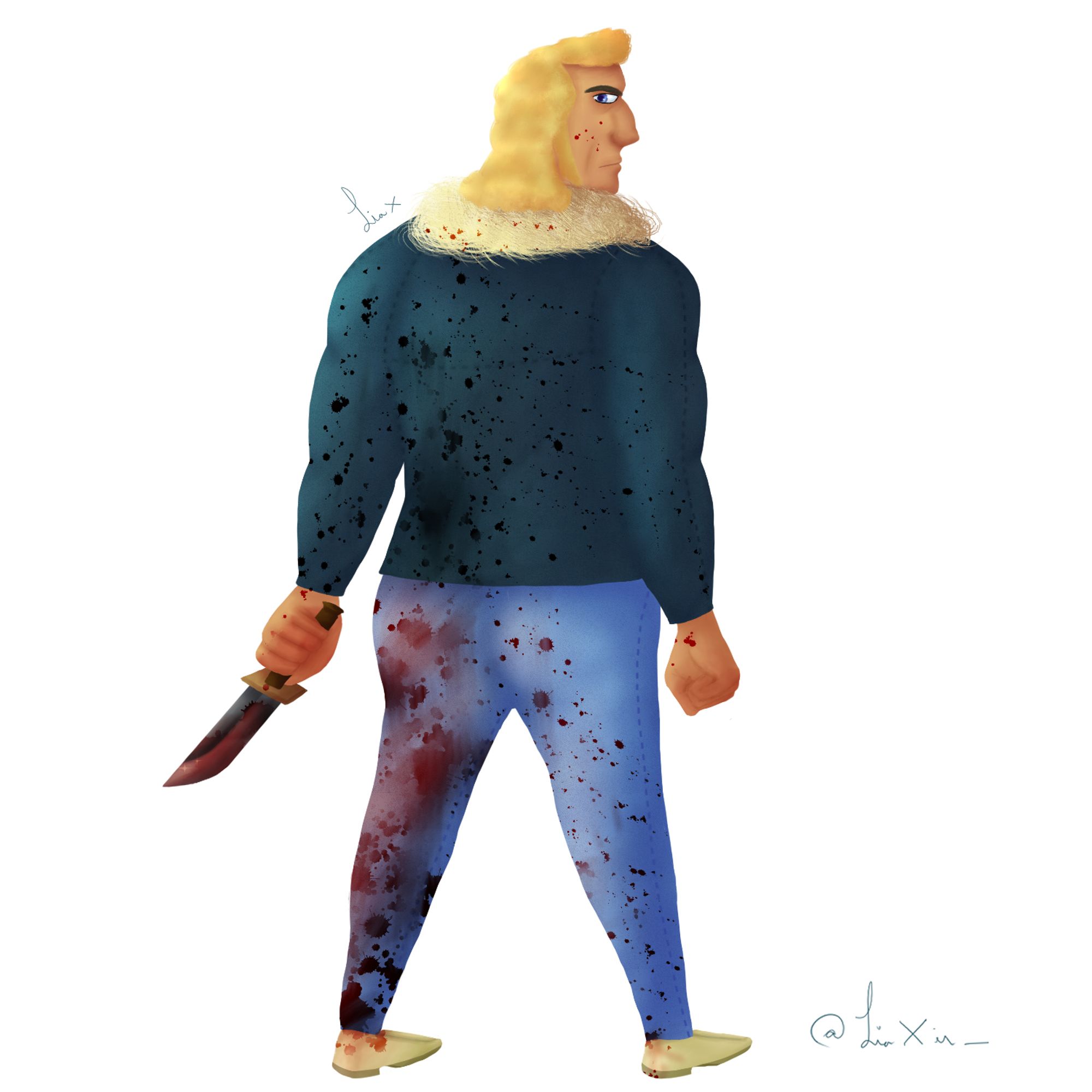 Desenho digital do personagem Brock Samson, da animação Venture Brothers. Brock é um homem de mullet loiro com a pele levemente bronzeada. Ele está vde costas, segurando uma faca, usando uma jaqueta jeans azul escura e calças jeans. Ele olha sério para a tela e suas roupas estão sujas de sangue.