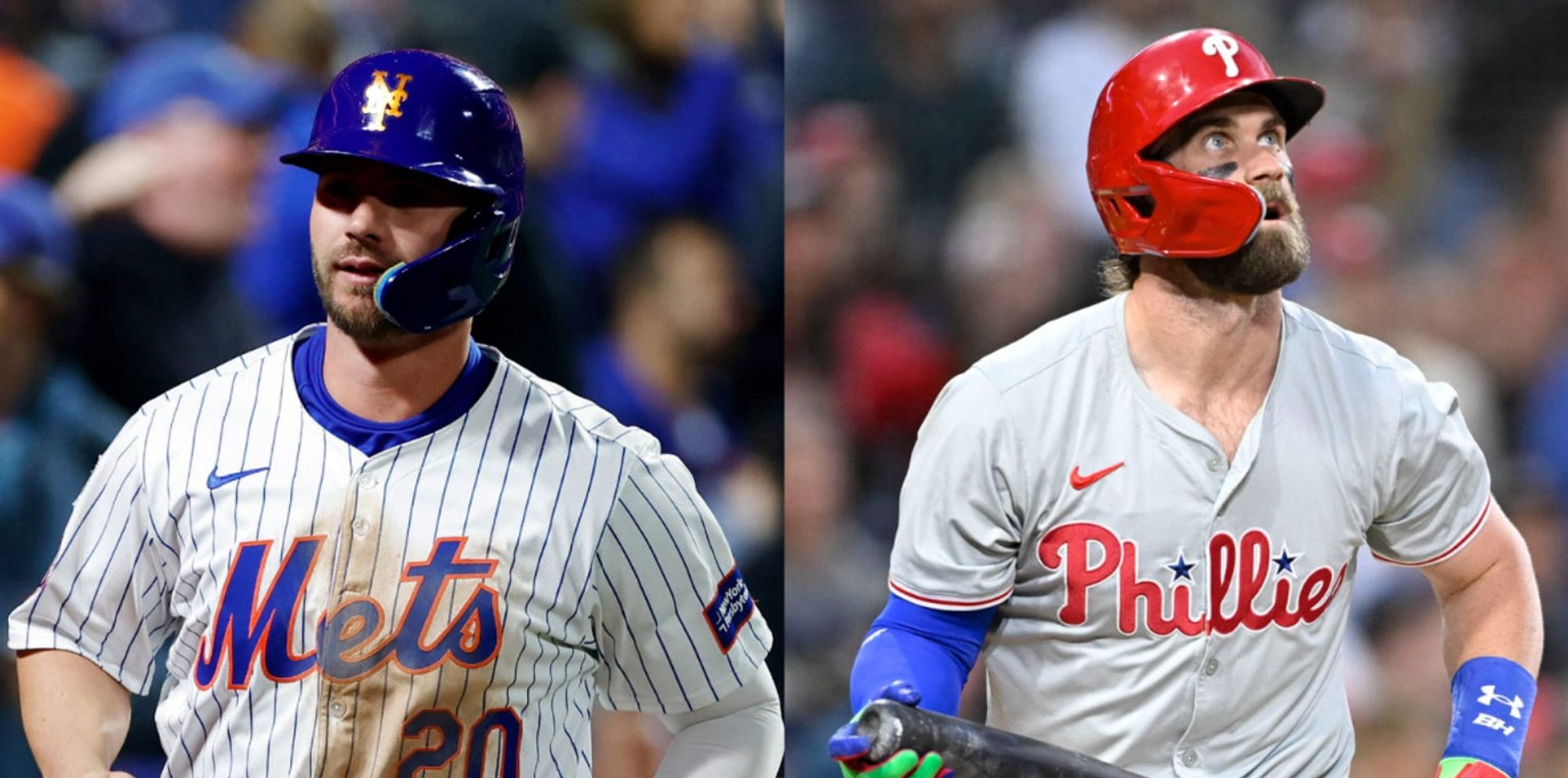 Photos of two of Sunday’s many Game-2 heroes: The Mets’ Pete Alonso and the Phillies’ Bryce Harper