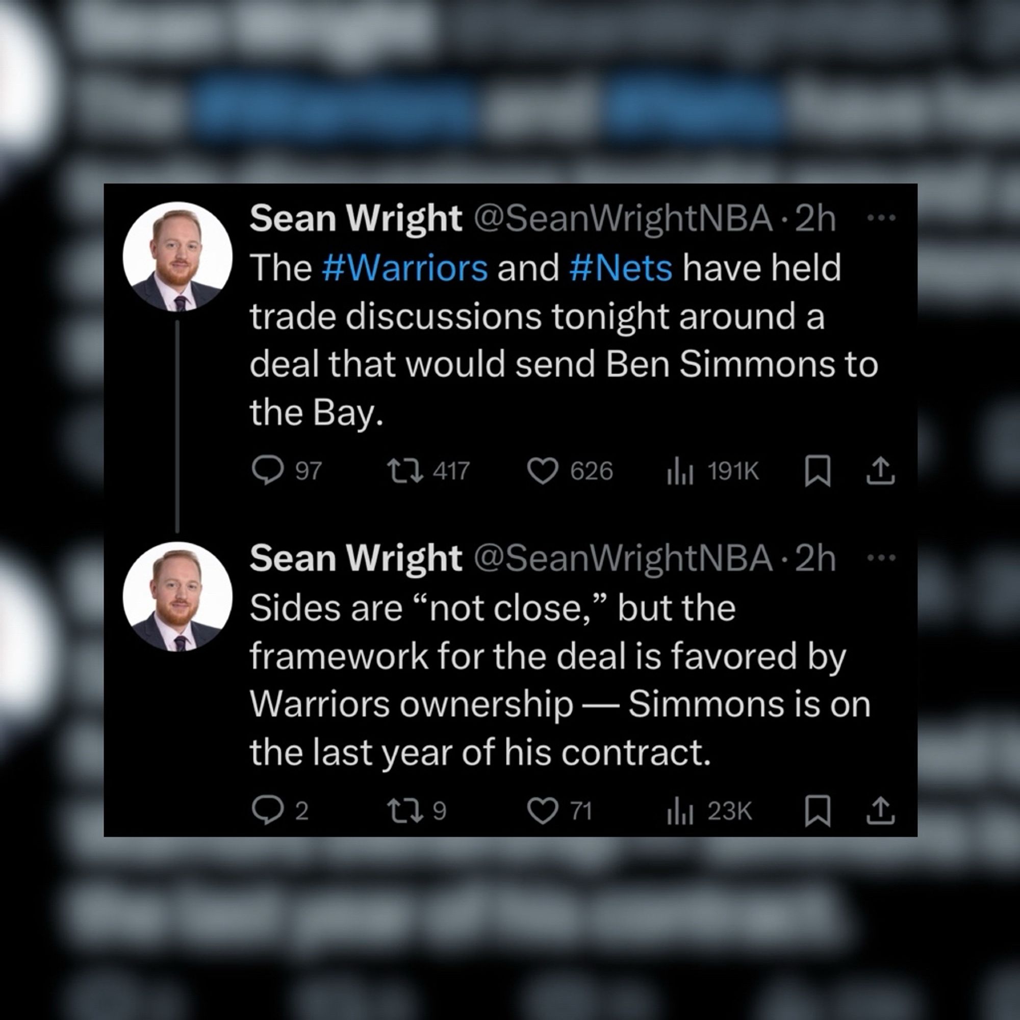 Sean Wright @SeanWrightNBA • “The #Warriors and #Nets have held trade discussions tonight around a deal that would send Ben Simmons to the Bay.”

Sean Wright@SeanWrightNBA •
“Sides are ‘not close,’ but the framework for the deal is favored by Warriors ownership - Simmons is on the last year of his contract.” 

via TwiX