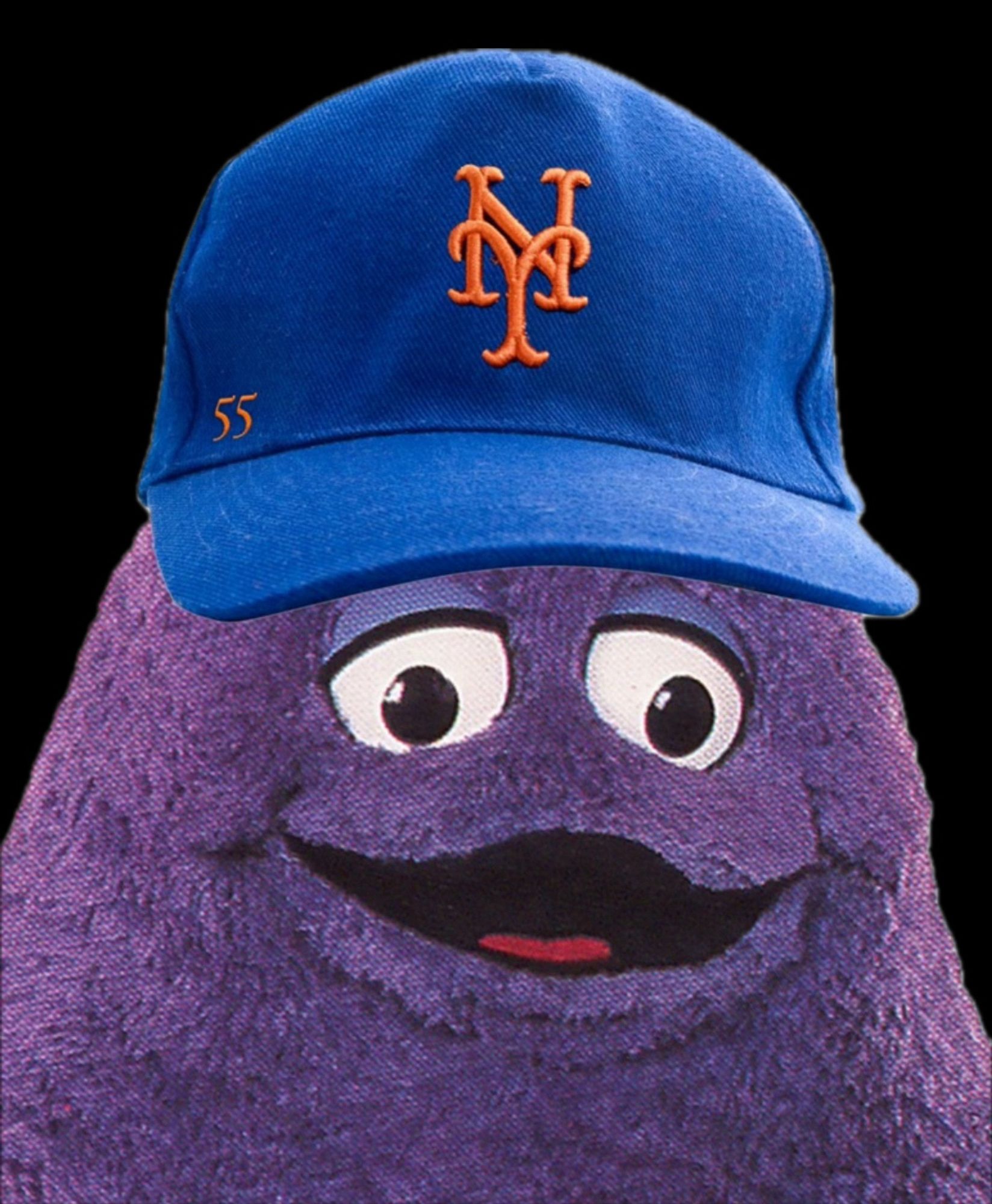 The big, purple Grimace character wearing a New York Mets cap and leading them to victory!!!!