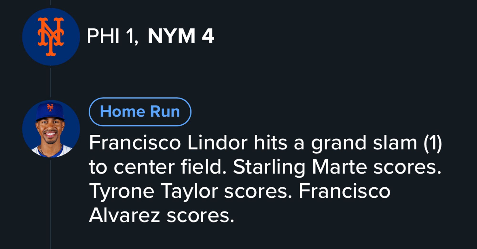 PHI 1, NYM 4

Home Run

Francisco Lindor hits a grand slam (1) to center field. Starling Marte scores.
Tyrone Taylor scores. Francisco
Alvarez scores.