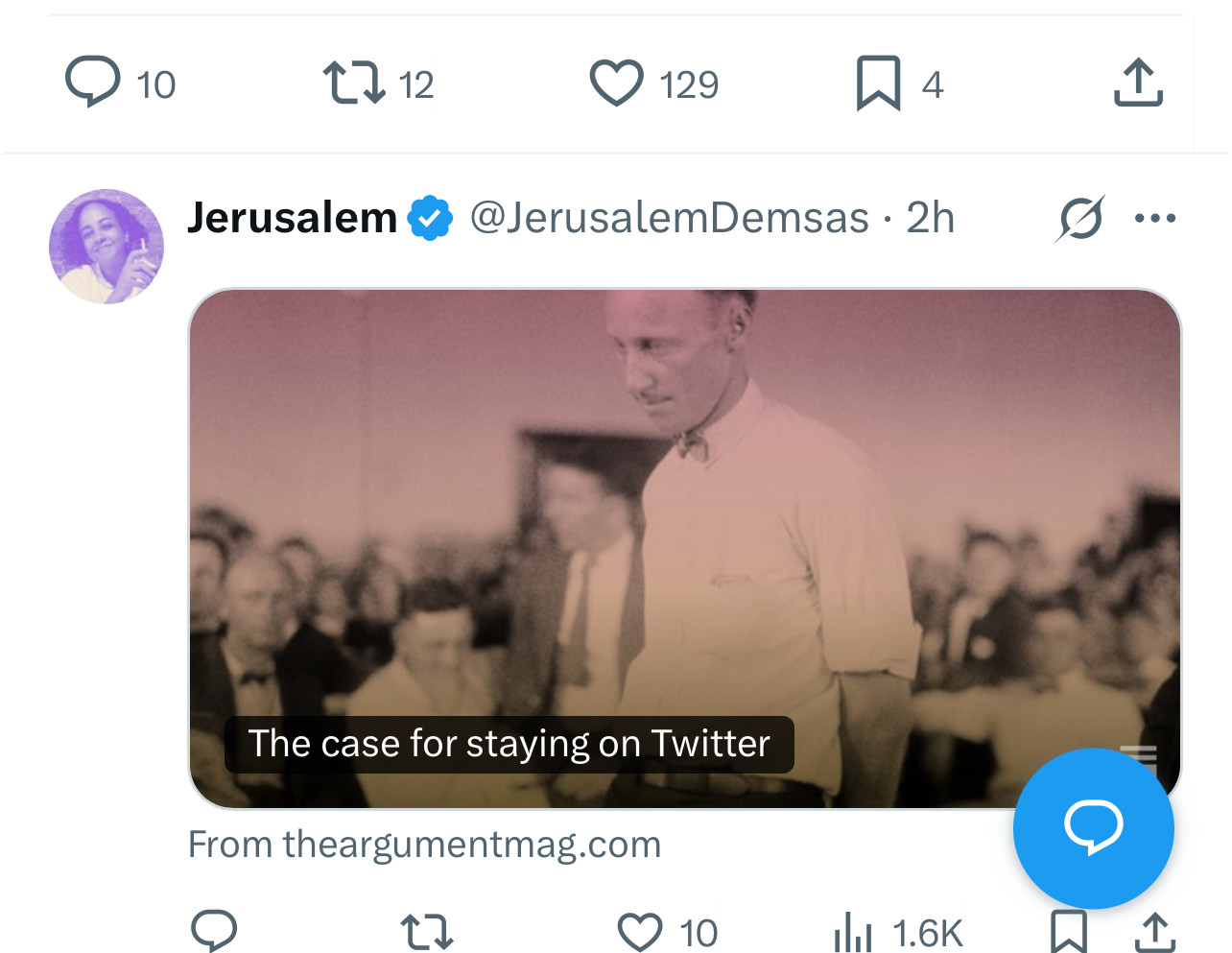 Ten replies, twelve retweets, 129 likes, four bookmarks
The link post gets simply ten likes
