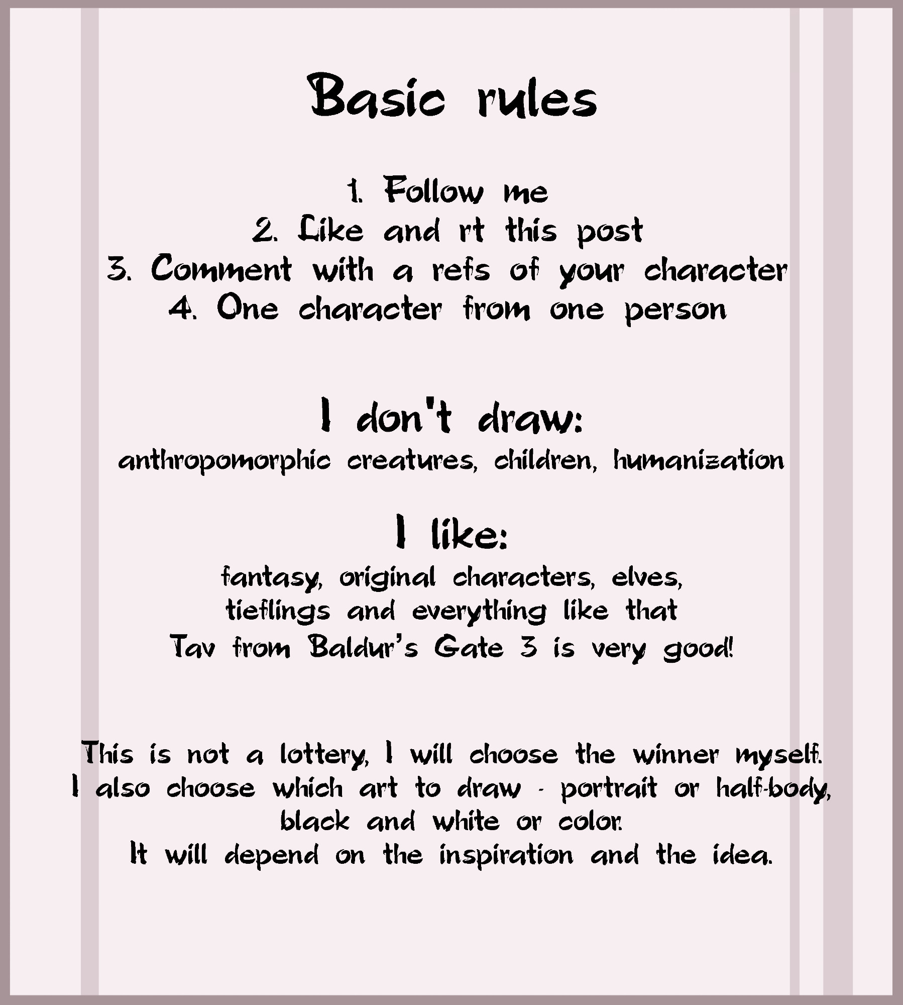 I'm choosing a character for a gift art in honor of 100 subscribers. The conditions are given here. Like and repost recordings, subscribe to me, one character from one person. Show your humanoid OC or tav from Baldur's Gate 3 in the comments.