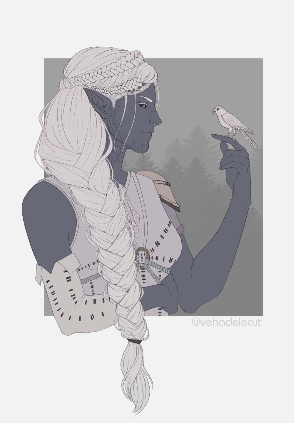 In this image, a half-drow girl, in profile, with a long white braid. A small white bird is sitting on her finger. She has light irises and dark whites. There is a floral pattern on her cheekbones and neck.